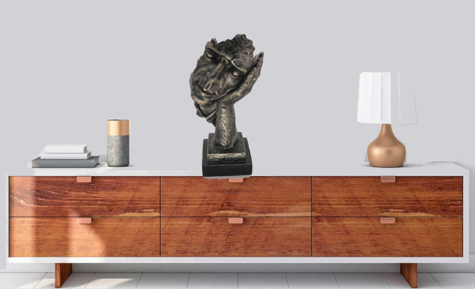 Exquisite Copper Like Bronzed Abstract Male Mask Face Silence Gesture Art