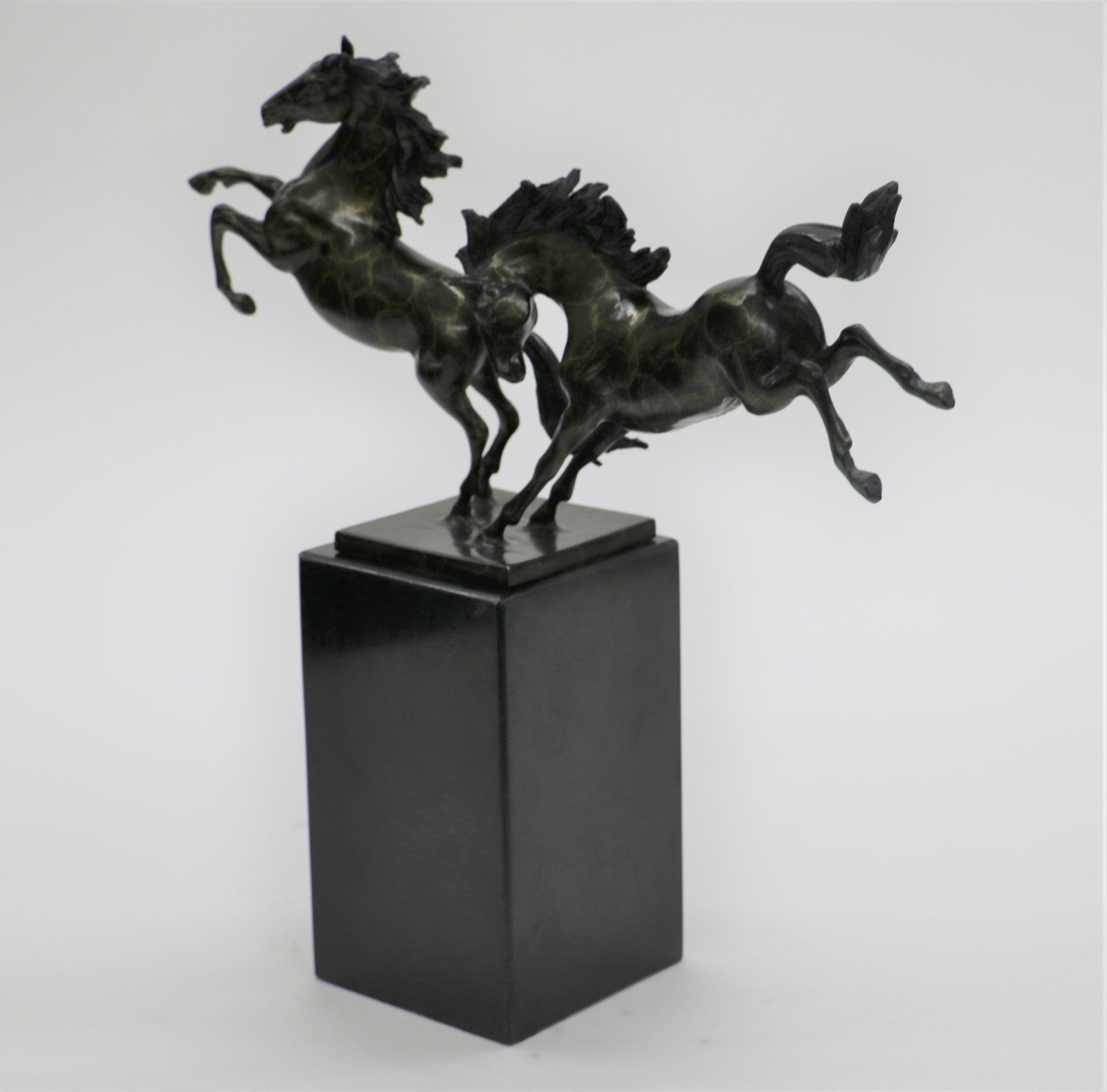 Signed Lopez Two Running Horses Marble Base Art Figurine Bronze Sculpture Statue