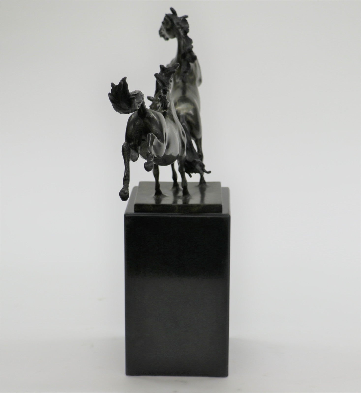 Signed Lopez Two Running Horses Marble Base Art Figurine Bronze Sculpture Statue