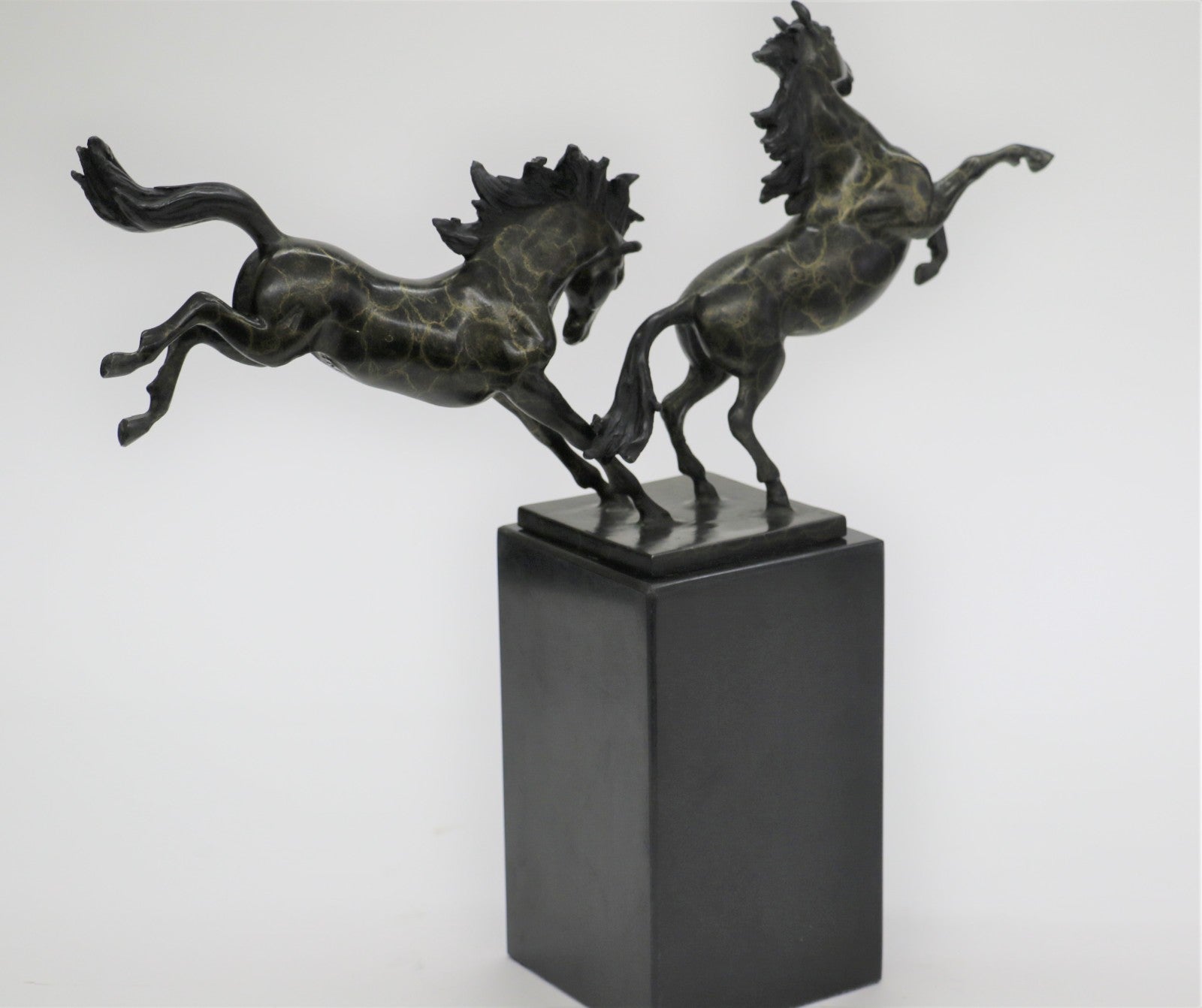 Signed Lopez Two Running Horses Marble Base Art Figurine Bronze Sculpture Statue