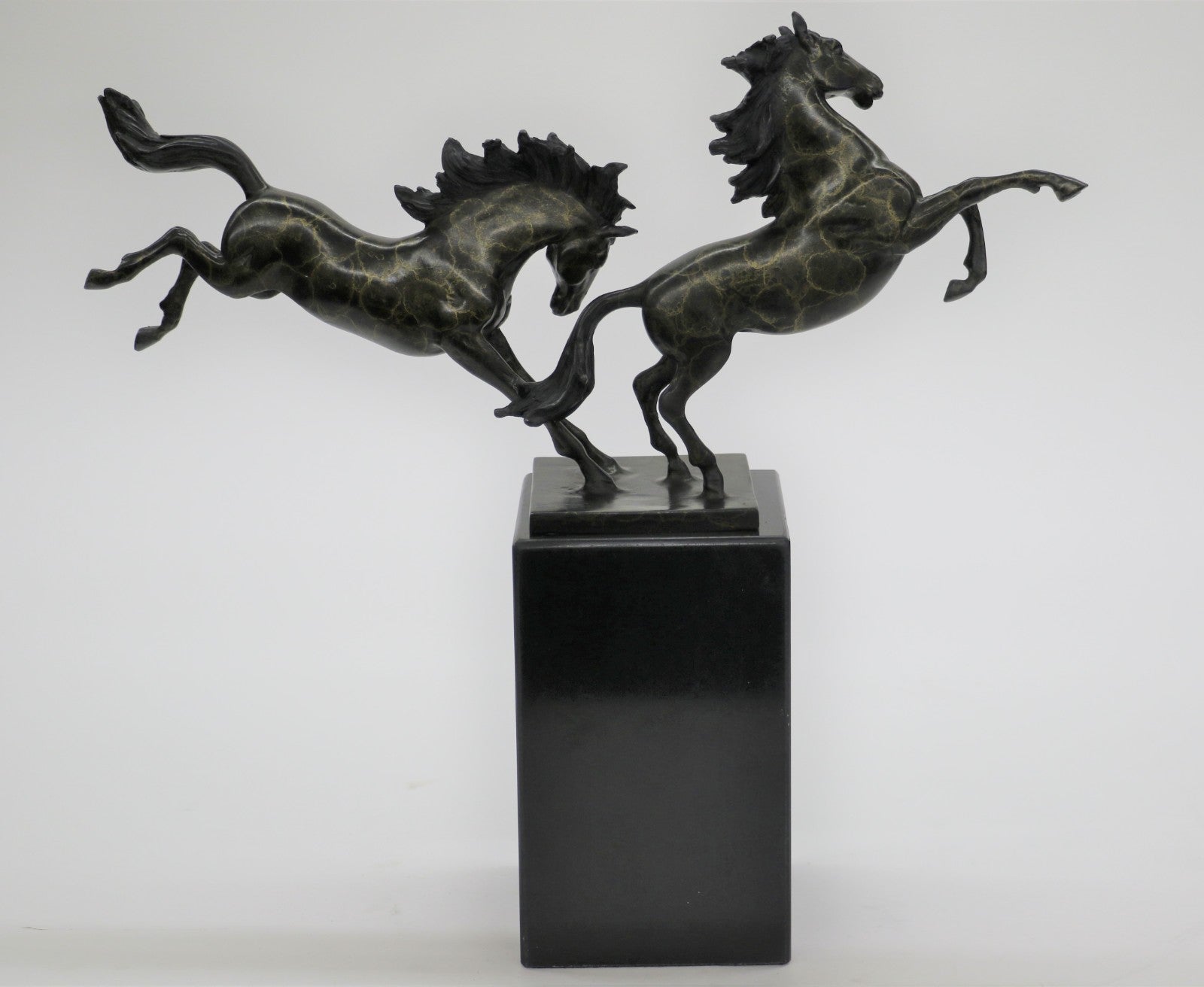 Signed Lopez Two Running Horses Marble Base Art Figurine Bronze Sculpture Statue