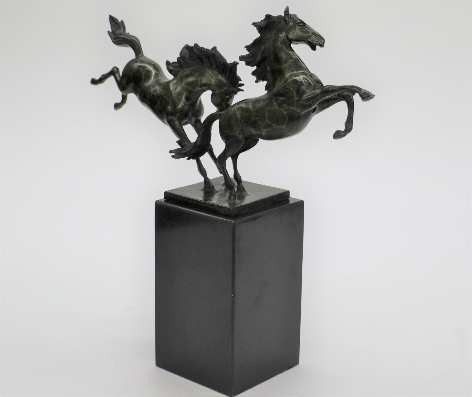 Signed Lopez Two Running Horses Marble Base Art Figurine Bronze Sculpture Statue