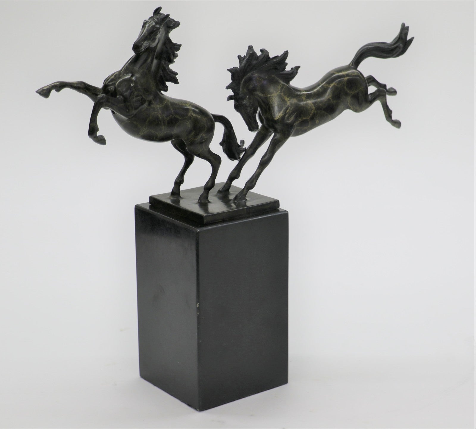 Signed Lopez Two Running Horses Marble Base Art Figurine Bronze Sculpture Statue