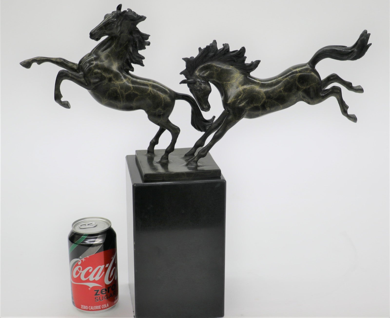 Signed Lopez Two Running Horses Marble Base Art Figurine Bronze Sculpture Statue
