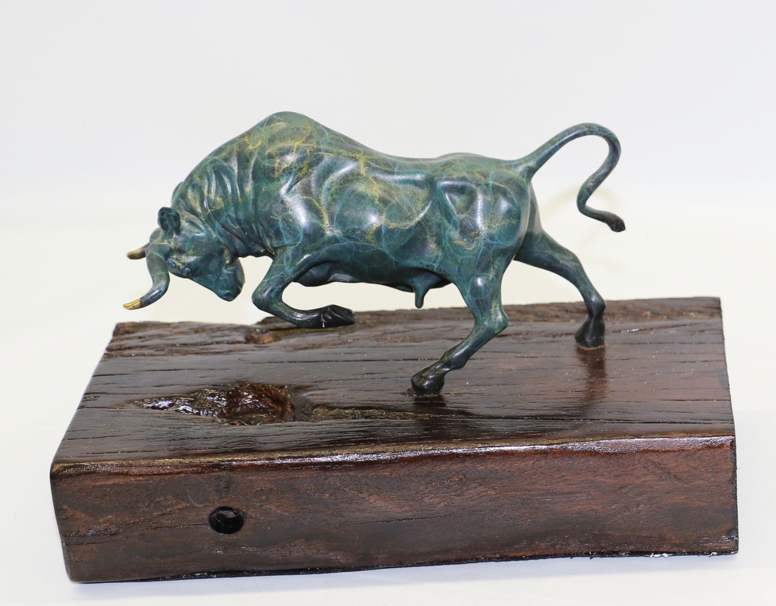 Museum Quality Classic Artwork Green Patina Stock Market Bull on Wood Base Bronze