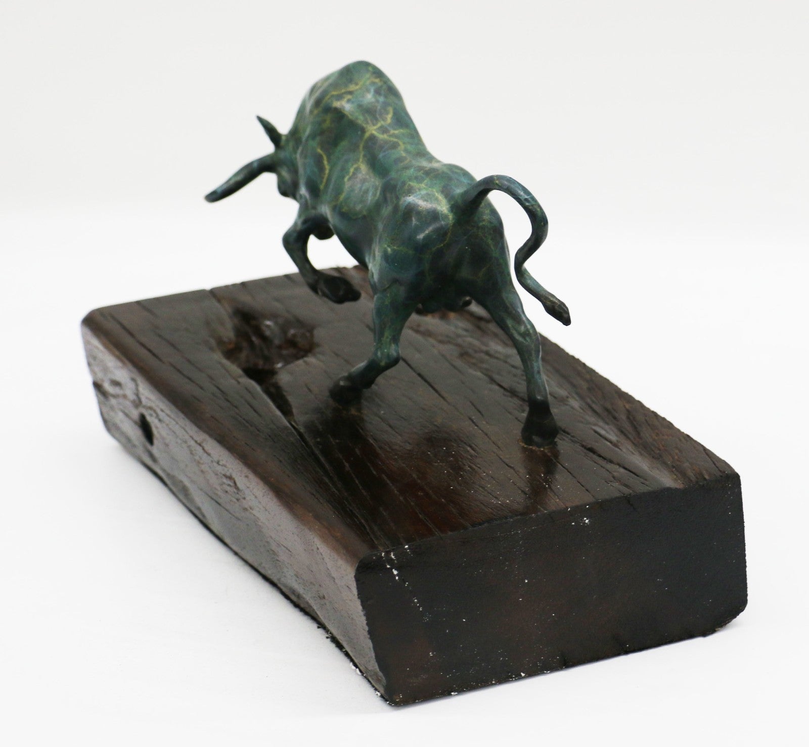 Museum Quality Classic Artwork Green Patina Stock Market Bull on Wood Base Bronze