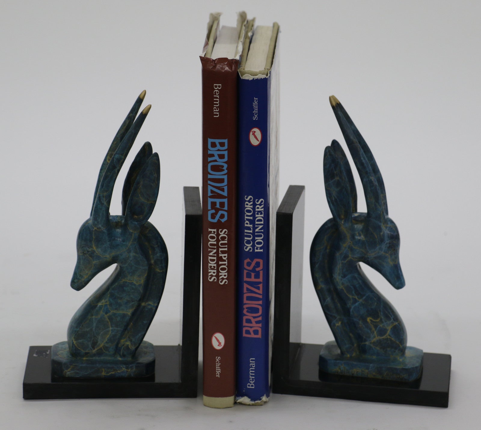 Signed Original Mavchi Green Patina Numbered Two Gazelle Antelopes Bronze Statue