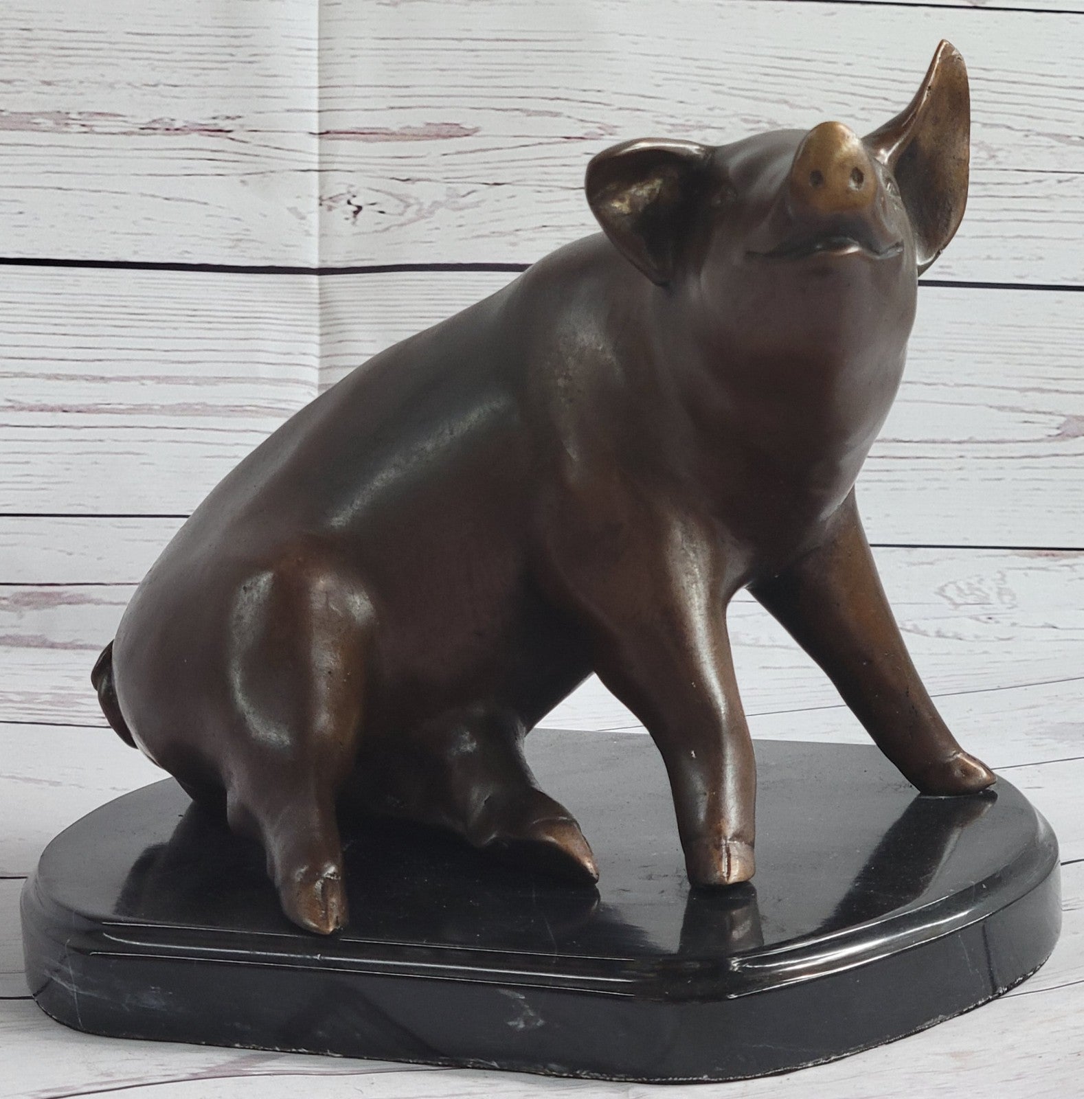 Bronze Art Deco Farm Decor Happy Pig Hand Made Detailed Statue Marble Figure Artwork
