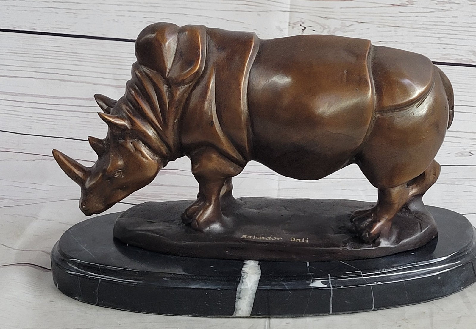 Pure Bronze Rhino Statue on Marble Base  - Large Figurine by Salvador Dali