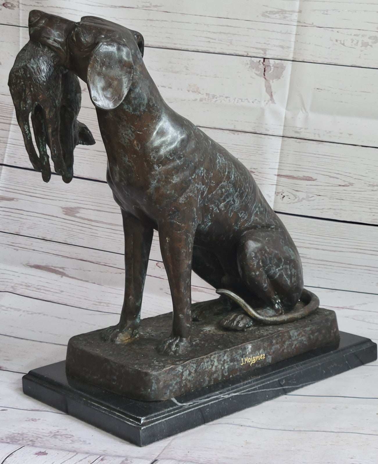 40 cm Western Art Deco pure Bronze hunting dog catch hunt rabbit hare Sculpture