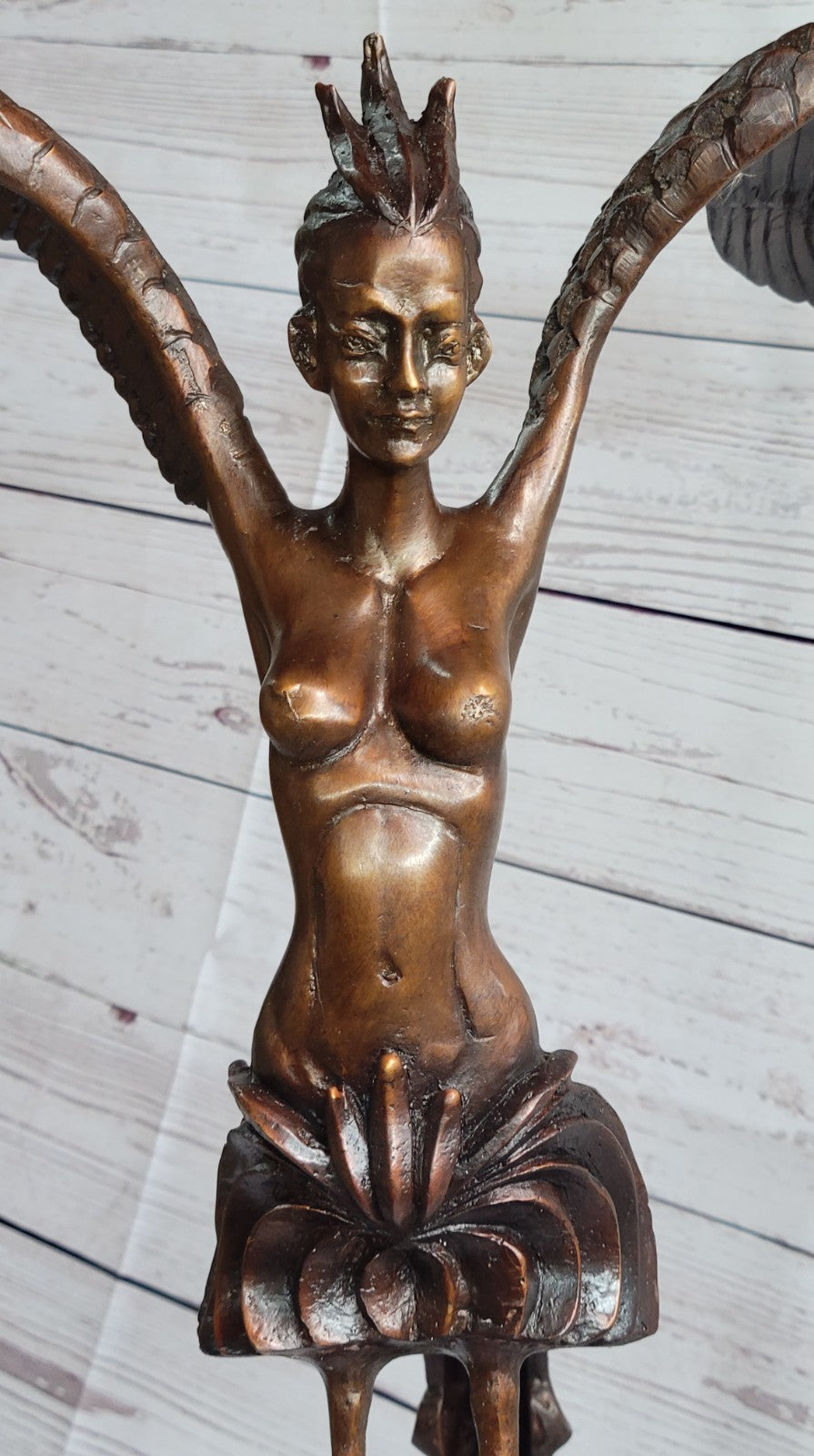 RARE VINTAGE MYTHICAL KINNAREE KINNARIS LADY MEIJI ASIAN BRONZE SCULPTURE FIGURE