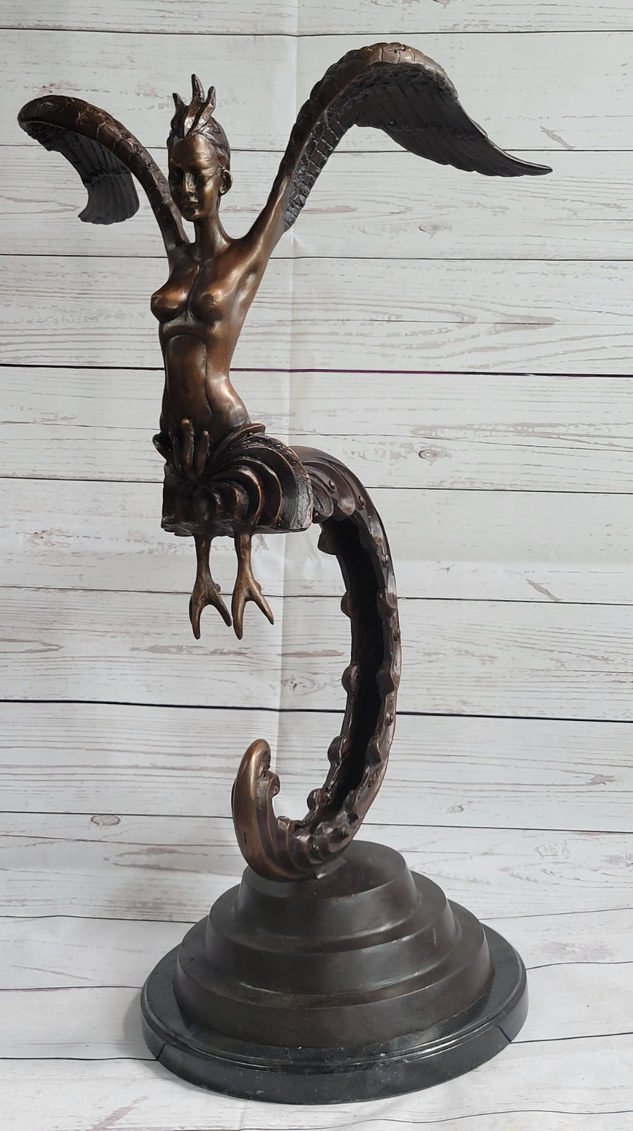 RARE VINTAGE MYTHICAL KINNAREE KINNARIS LADY MEIJI ASIAN BRONZE SCULPTURE FIGURE