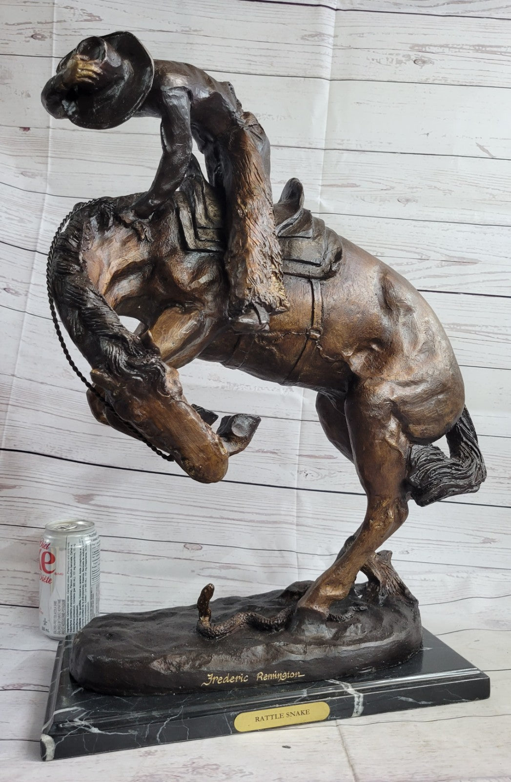 Signed Frederic Remington Cowboy on horse batteling a Rattle Snake Bronze Figure