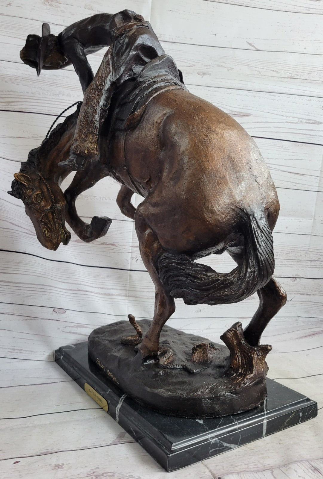 Signed Frederic Remington Cowboy on horse batteling a Rattle Snake Bronze Figure