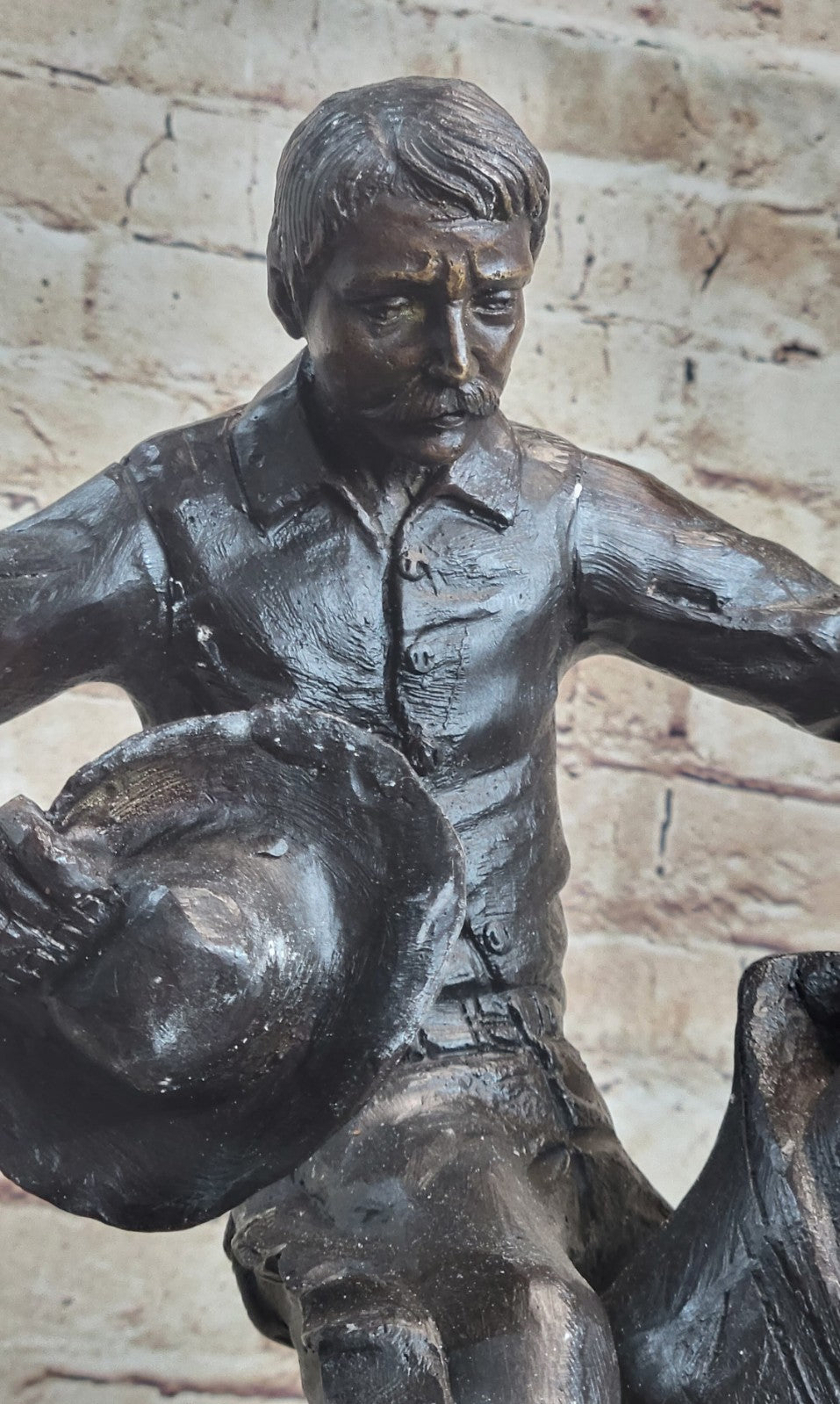Bronze Sculpture Hand Made Huge Bronco Buster Cowboy on Horse Figurine Figure