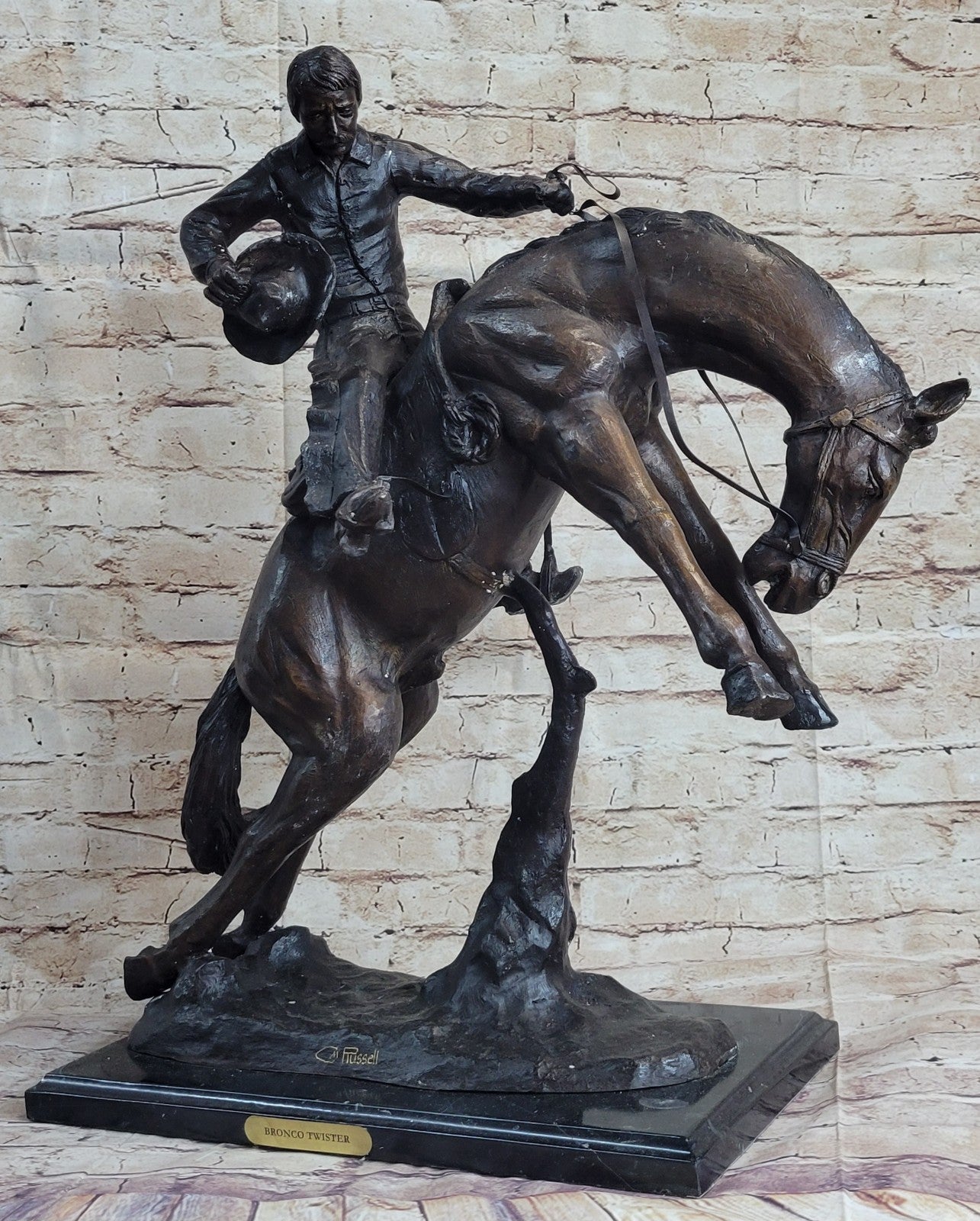 Bronze Sculpture Hand Made Huge Bronco Buster Cowboy on Horse Figurine Figure