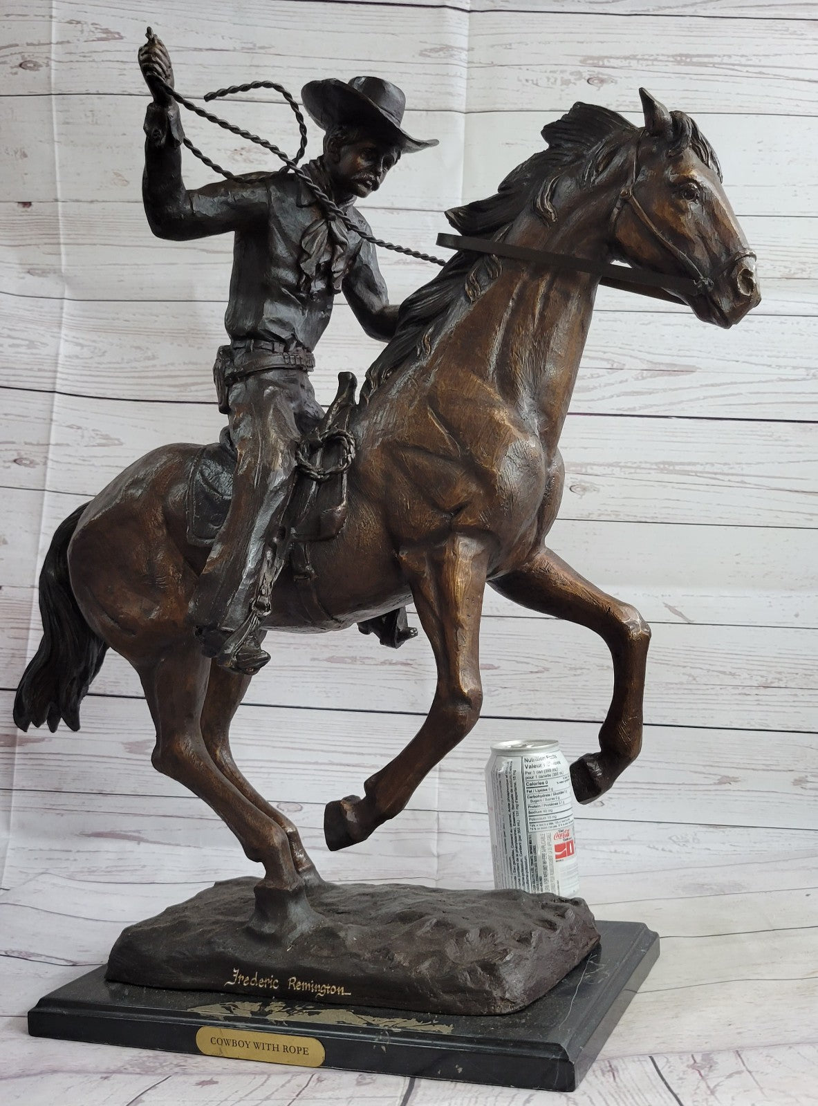 Old School Hot Cast Western Cowboy with His Horse Bronze Sculpture Marble Base