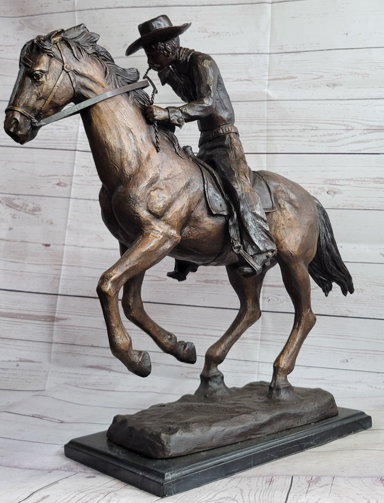 Old School Hot Cast Western Cowboy with His Horse Bronze Sculpture Marble Base