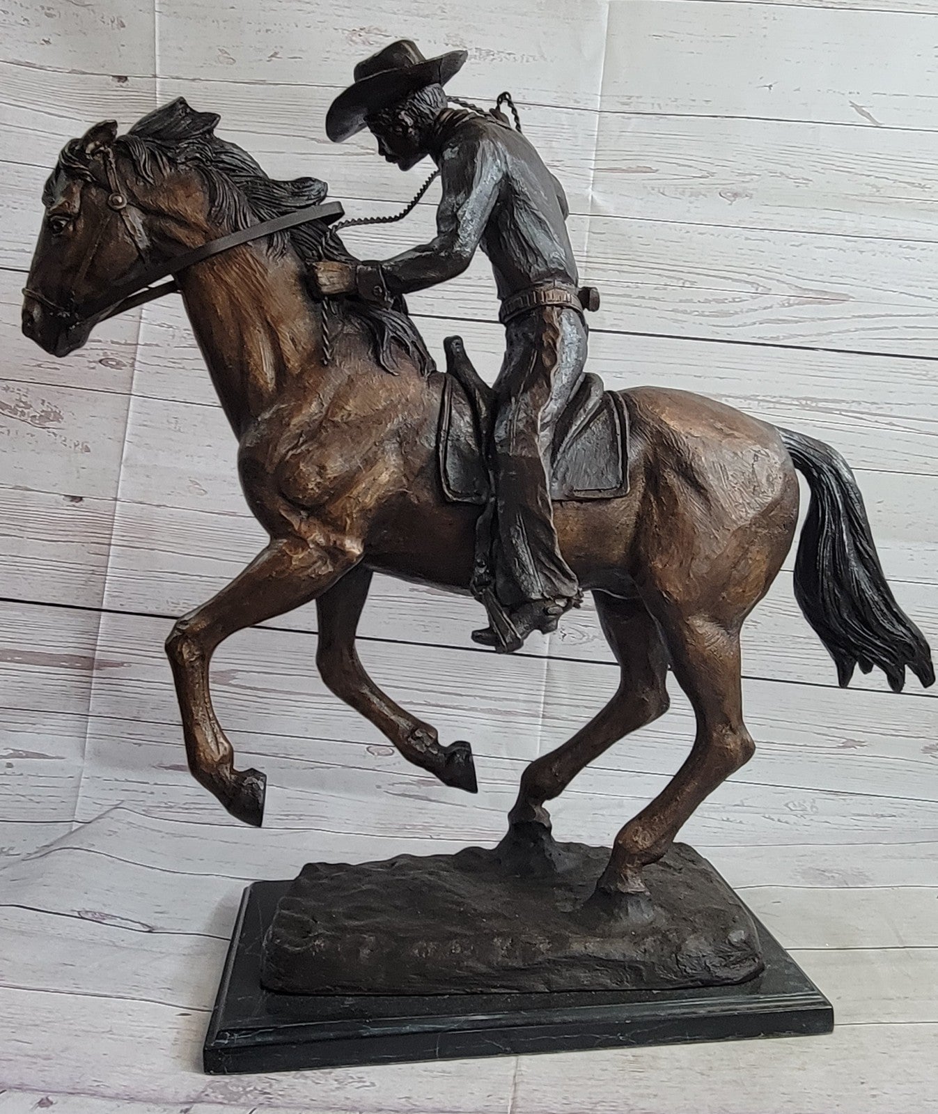Old School Hot Cast Western Cowboy with His Horse Bronze Sculpture Marble Base