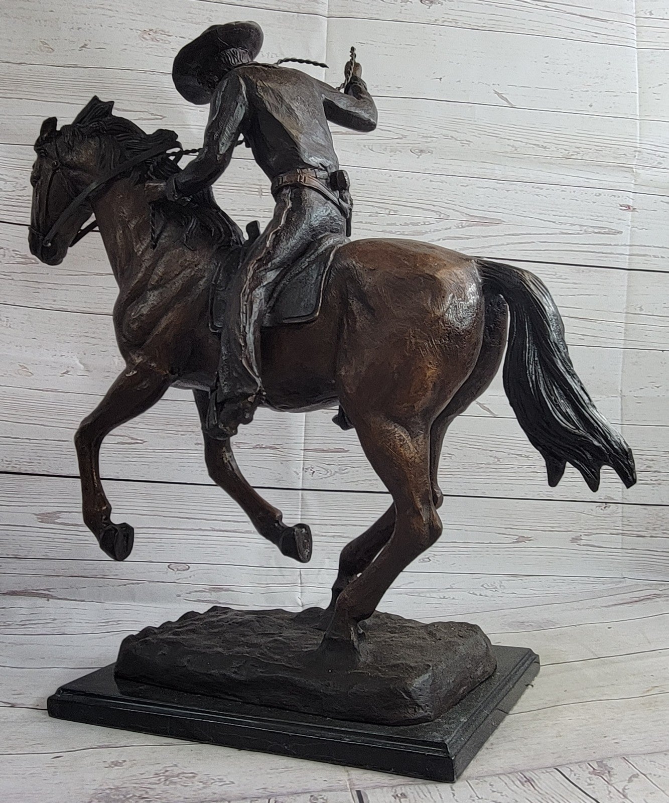 Old School Hot Cast Western Cowboy with His Horse Bronze Sculpture Marble Base