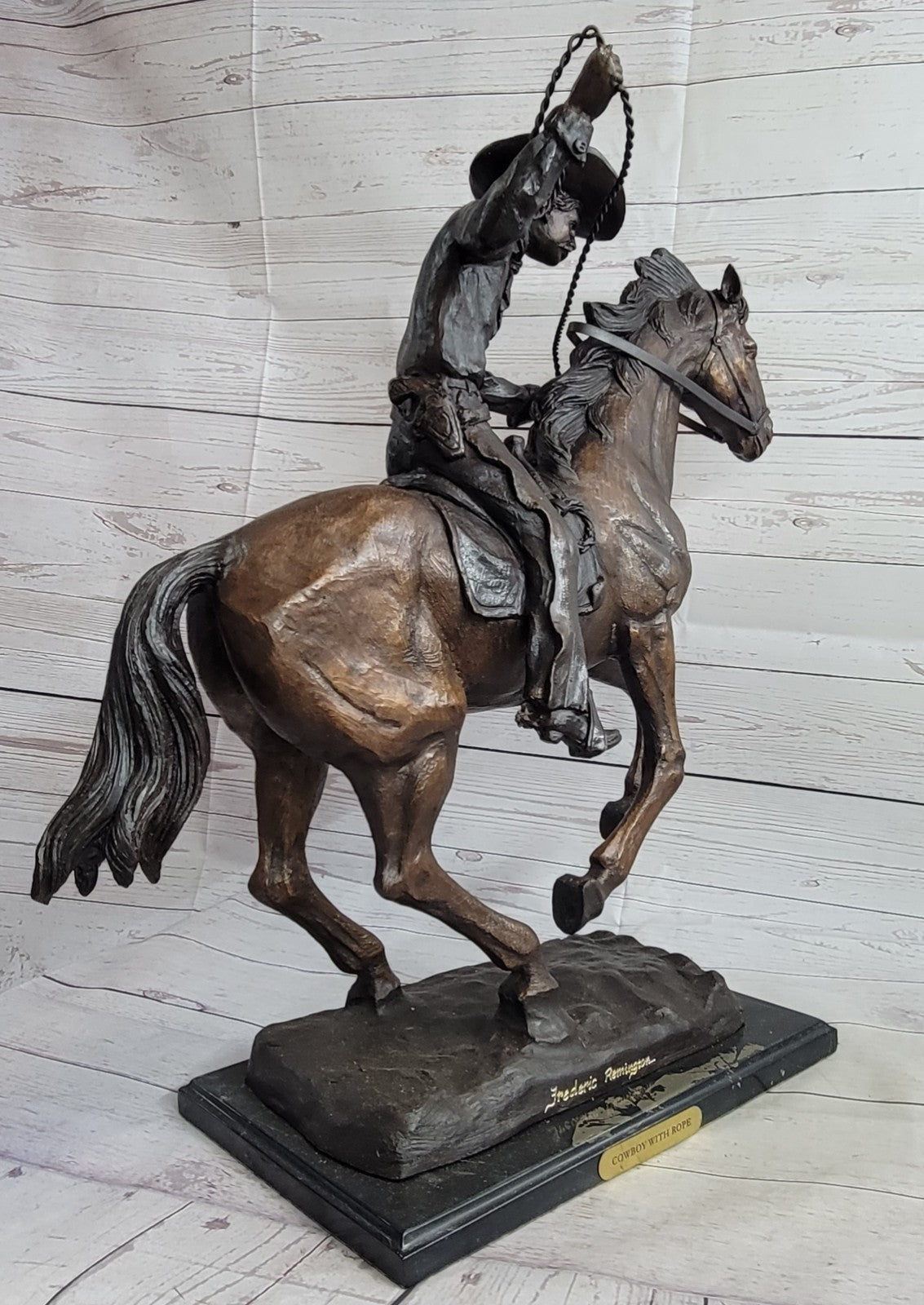 Old School Hot Cast Western Cowboy with His Horse Bronze Sculpture Marble Base