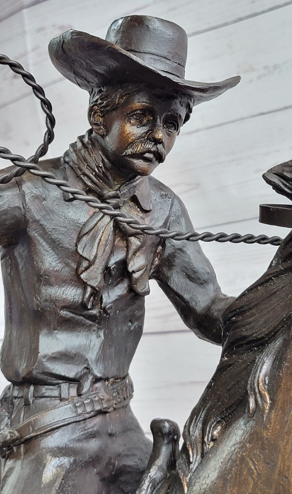 Old School Hot Cast Western Cowboy with His Horse Bronze Sculpture Marble Base