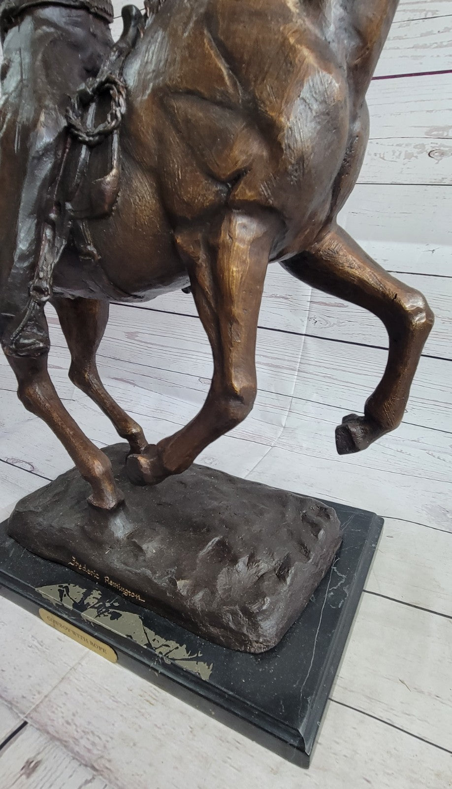 Old School Hot Cast Western Cowboy with His Horse Bronze Sculpture Marble Base