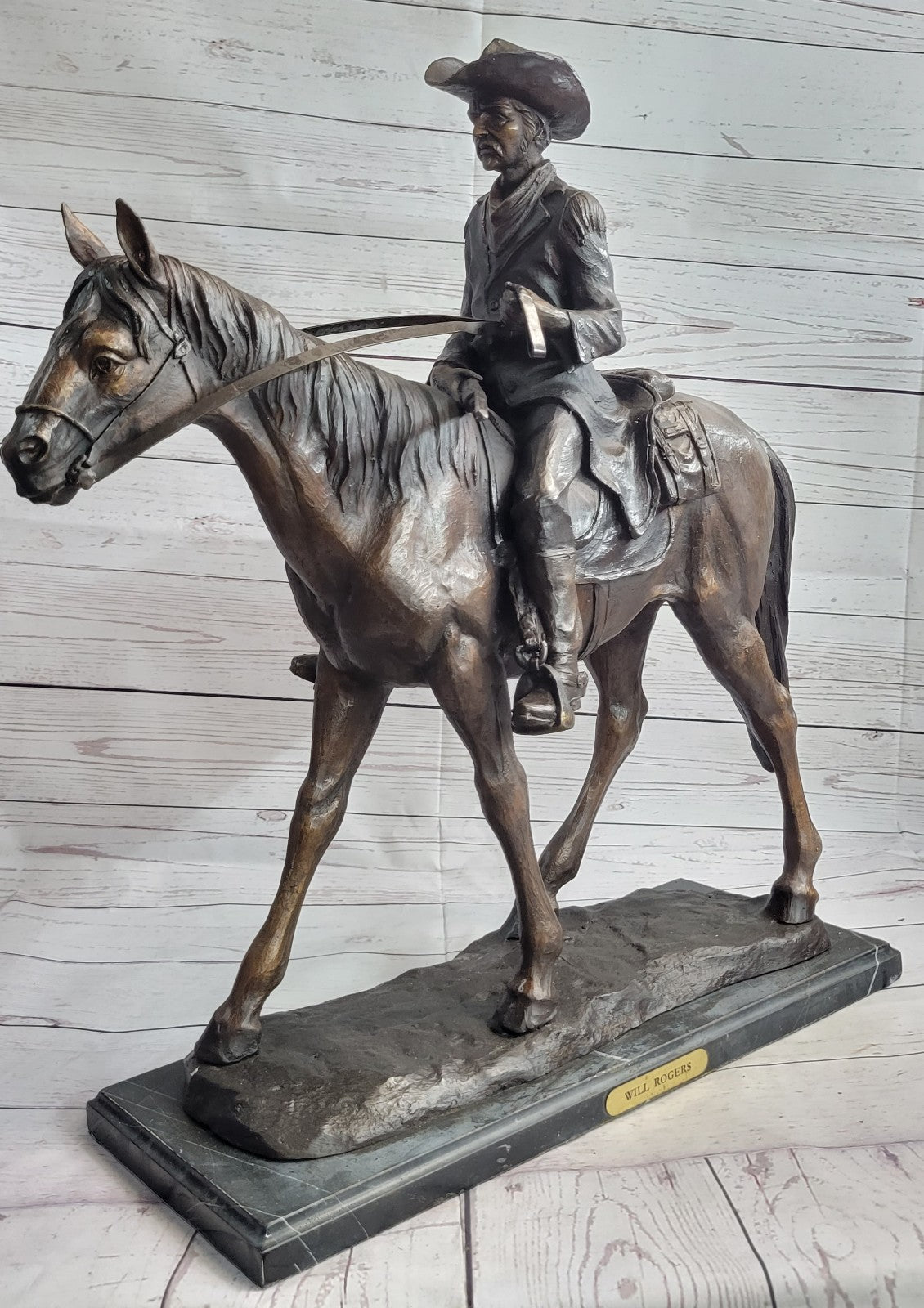 Remington 100% Bronze cowboy with Rifle in hand on horse good patina design
