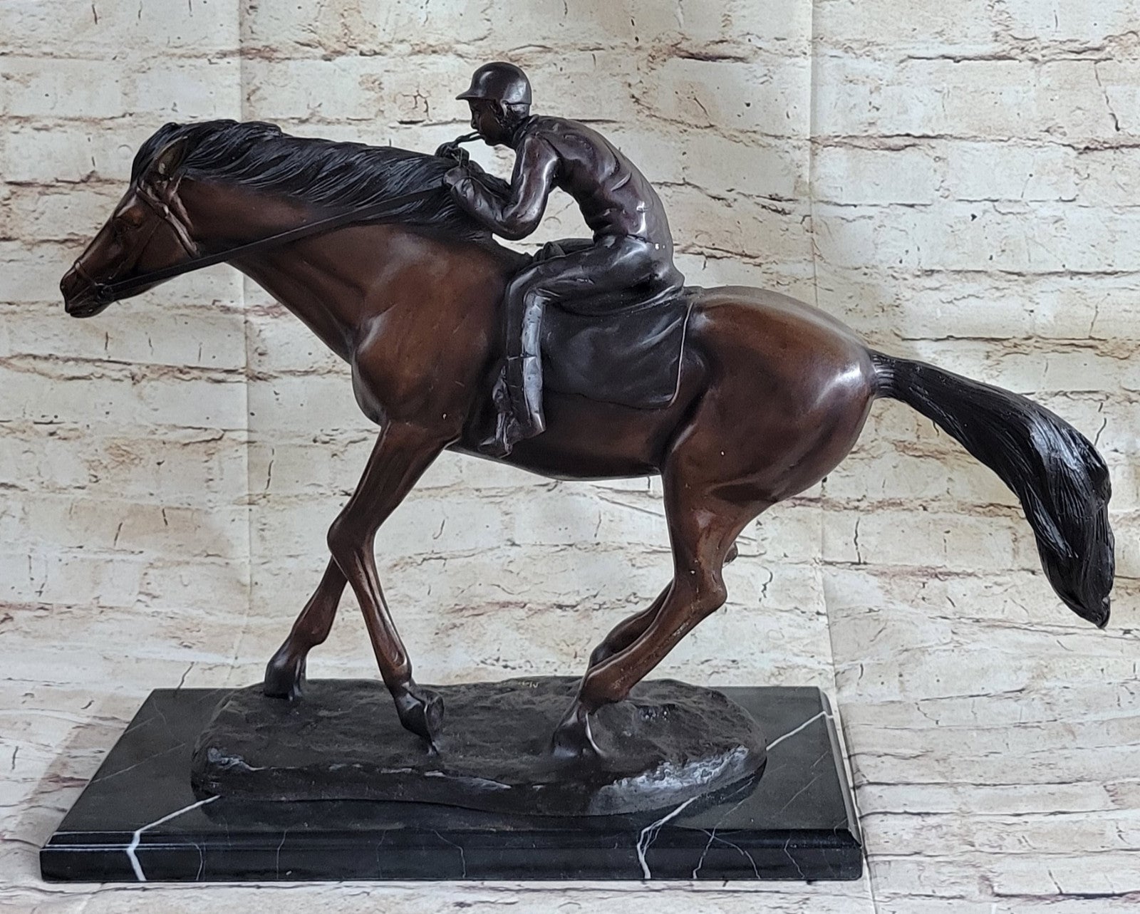 Bronze Sculpture Original  Signed Statue Of Jockey& Race Horse Office Trophy