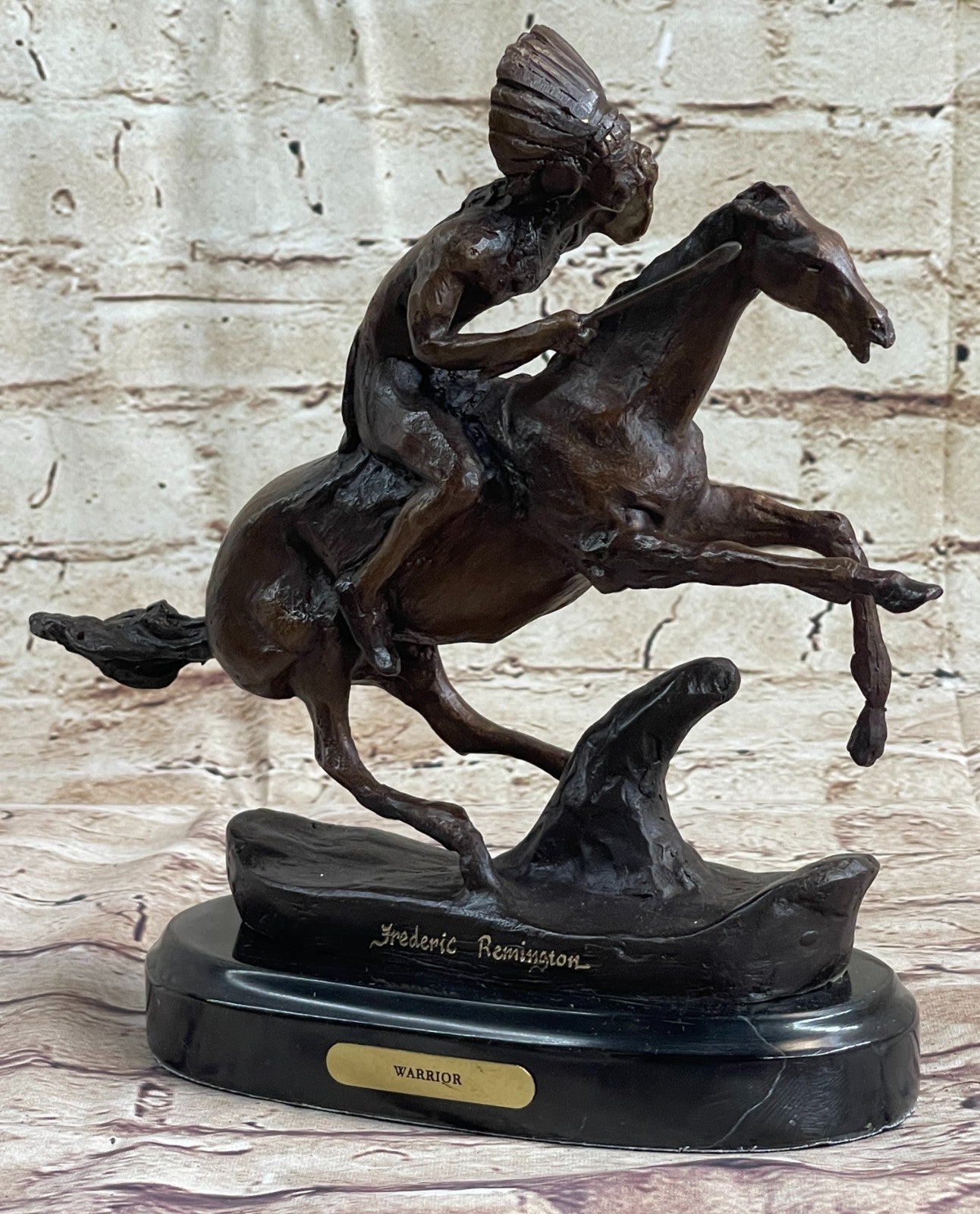 American Indian Riding Horse Signed Remington Native Bronze Sculpture Statue T