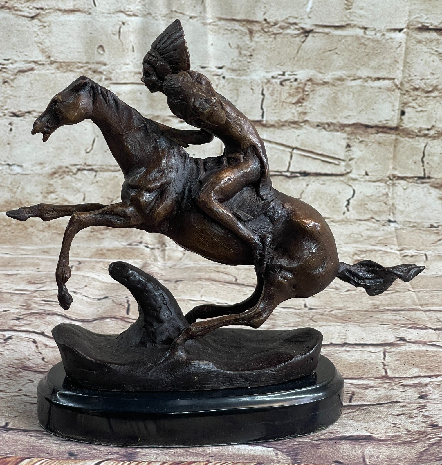 American Indian Riding Horse Signed Remington Native Bronze Sculpture Statue T