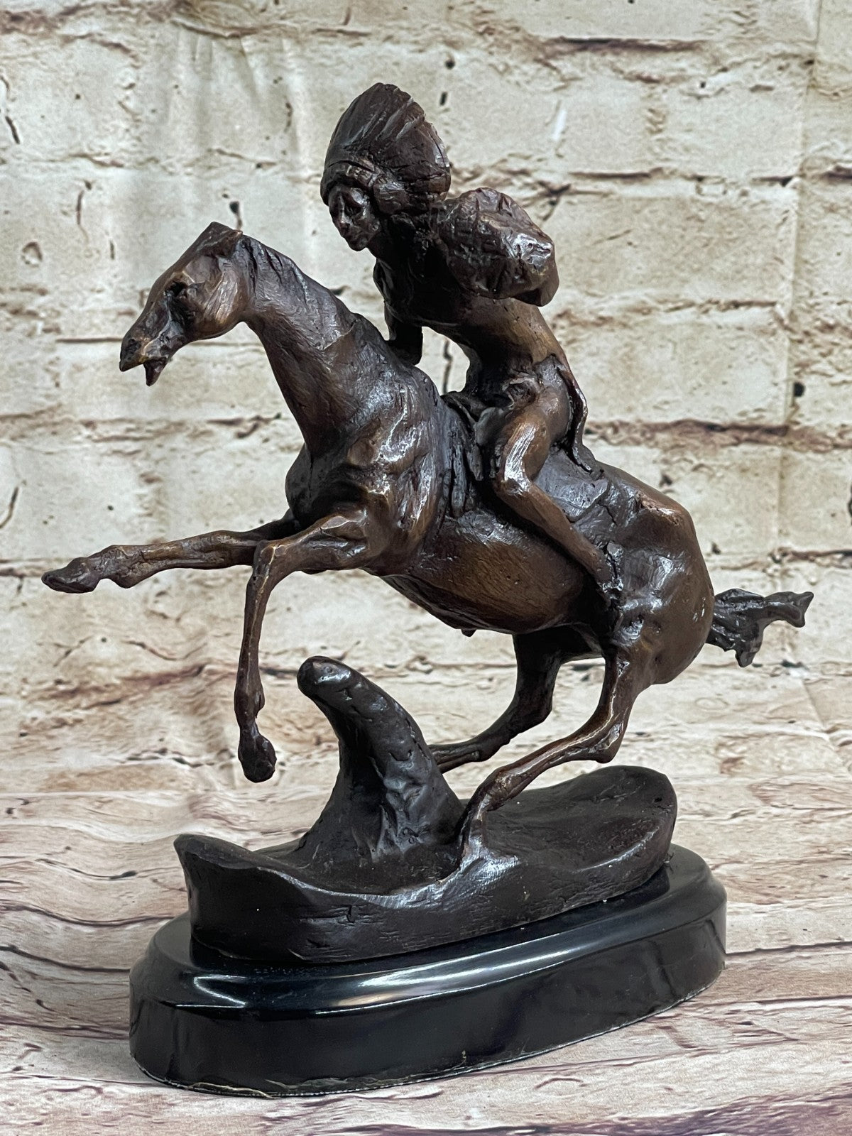 American Indian Riding Horse Signed Remington Native Bronze Sculpture Statue T