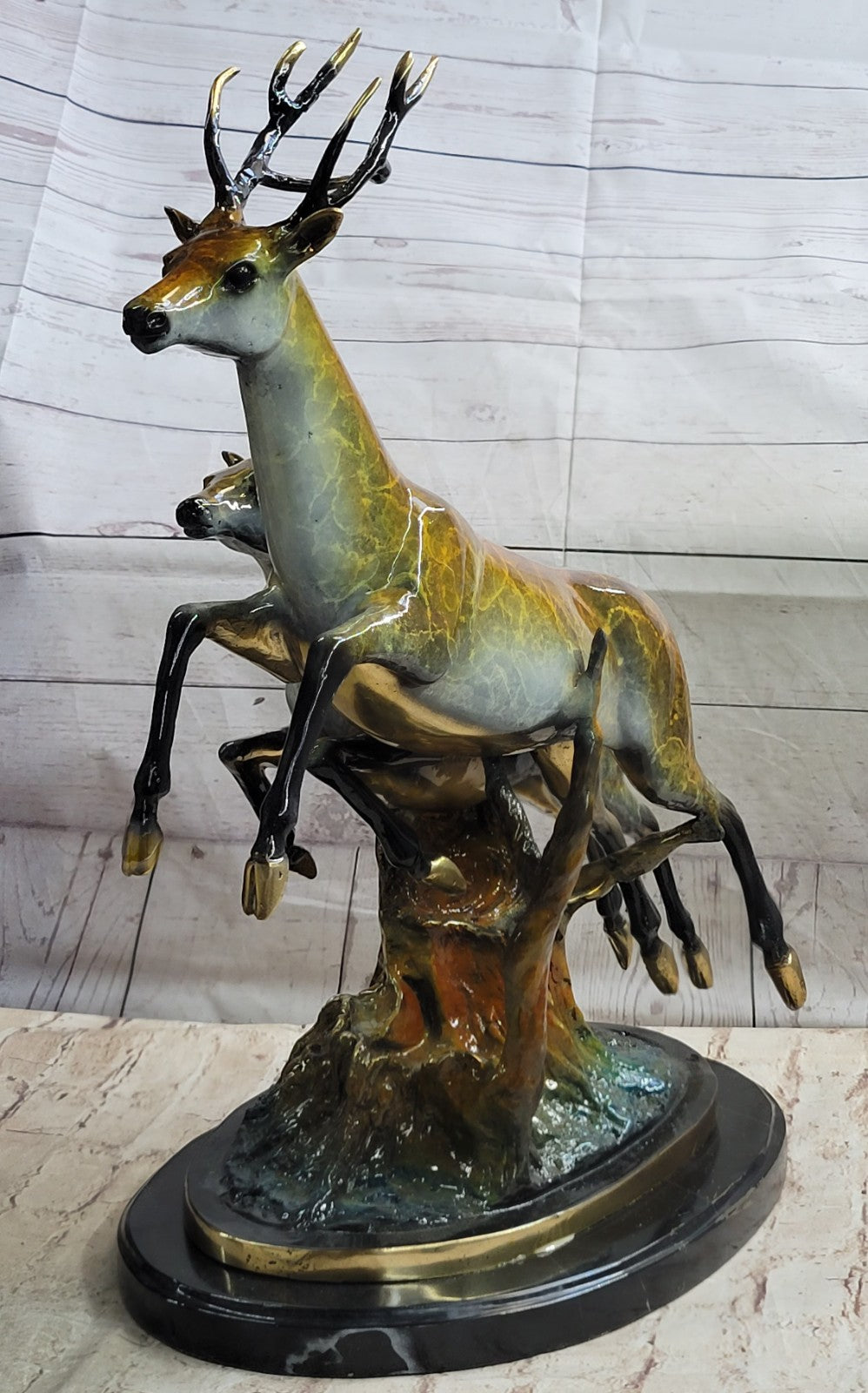 Art Deco Special Patina Two Running Stags Bronze Sculpture Musem Quality LTD