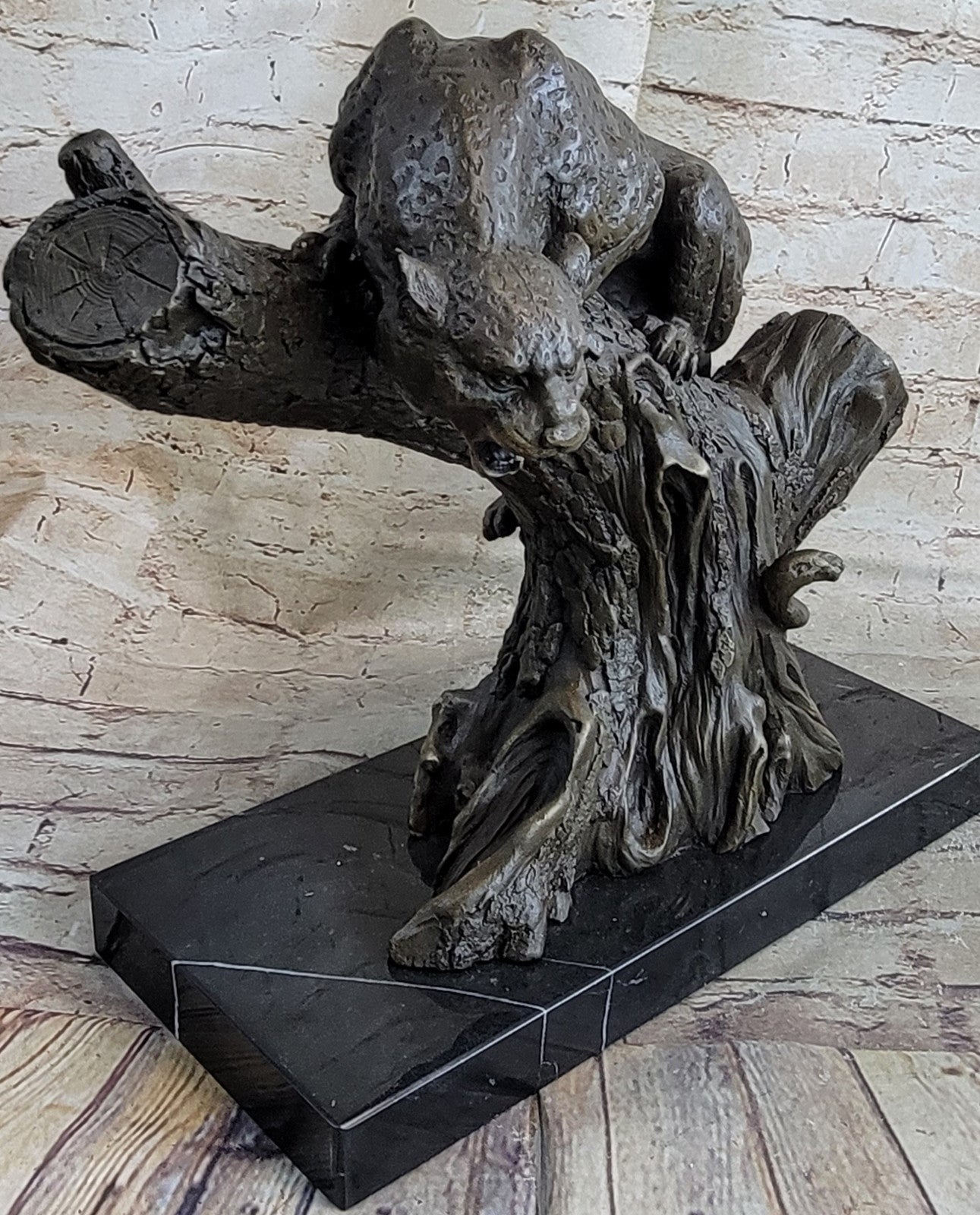 Handcrafted Massive Cougar on a tree Stump Bronze Sculpture Home Cabin Decor