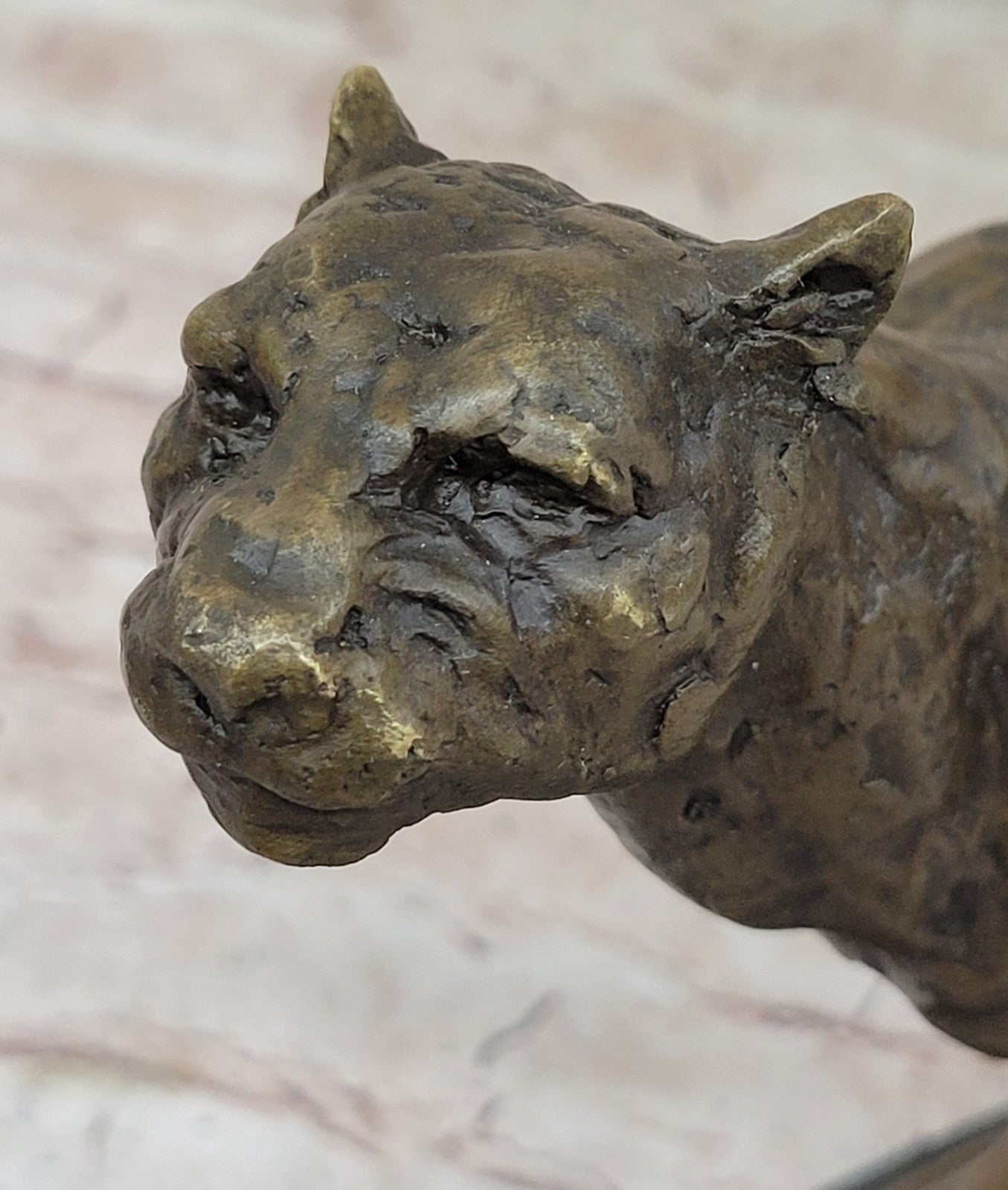 Classic Artwork: Milo`s Signed Stalking Puma Bronze Sculpture on Marble Base