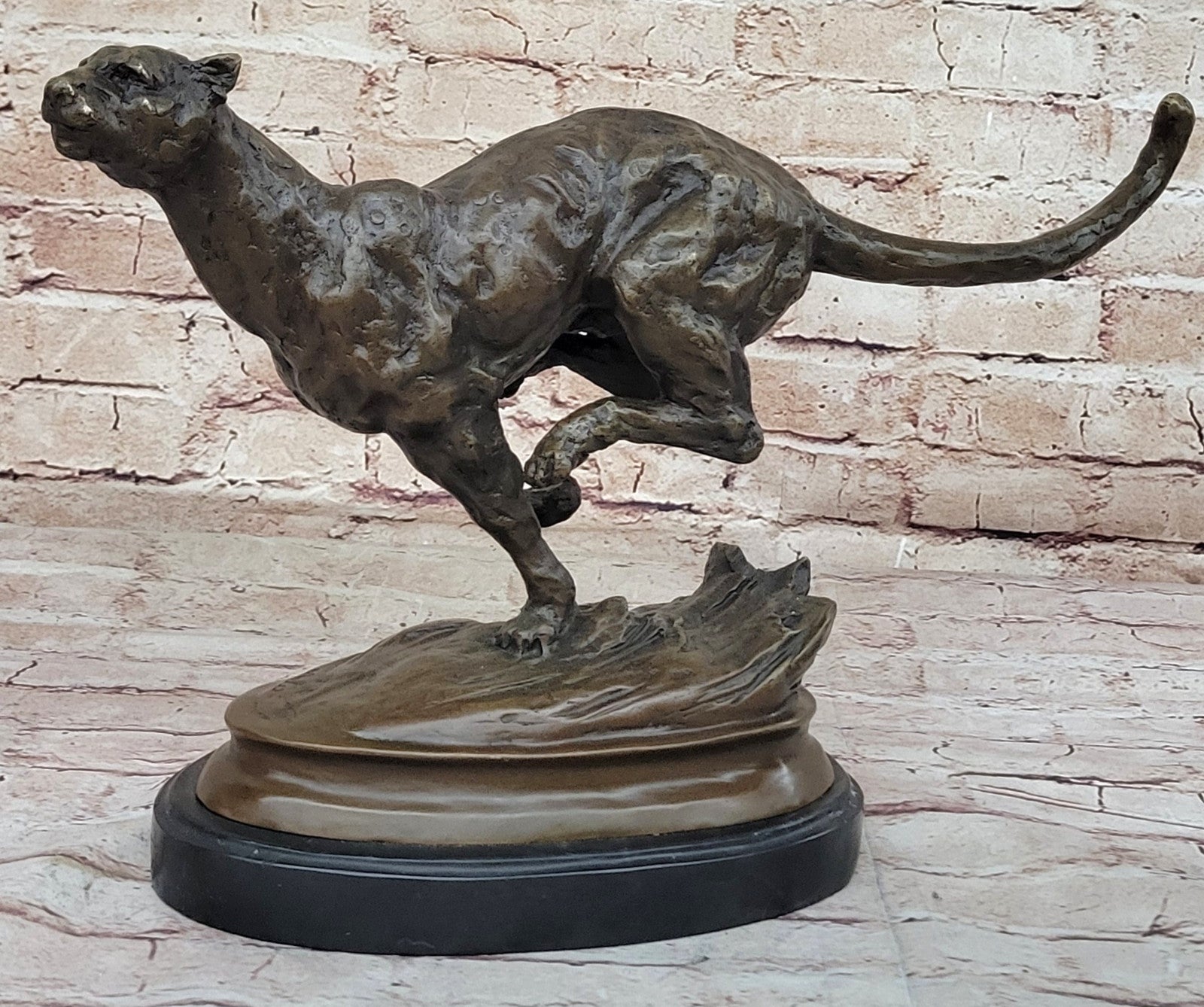 Classic Artwork: Milo`s Signed Stalking Puma Bronze Sculpture on Marble Base