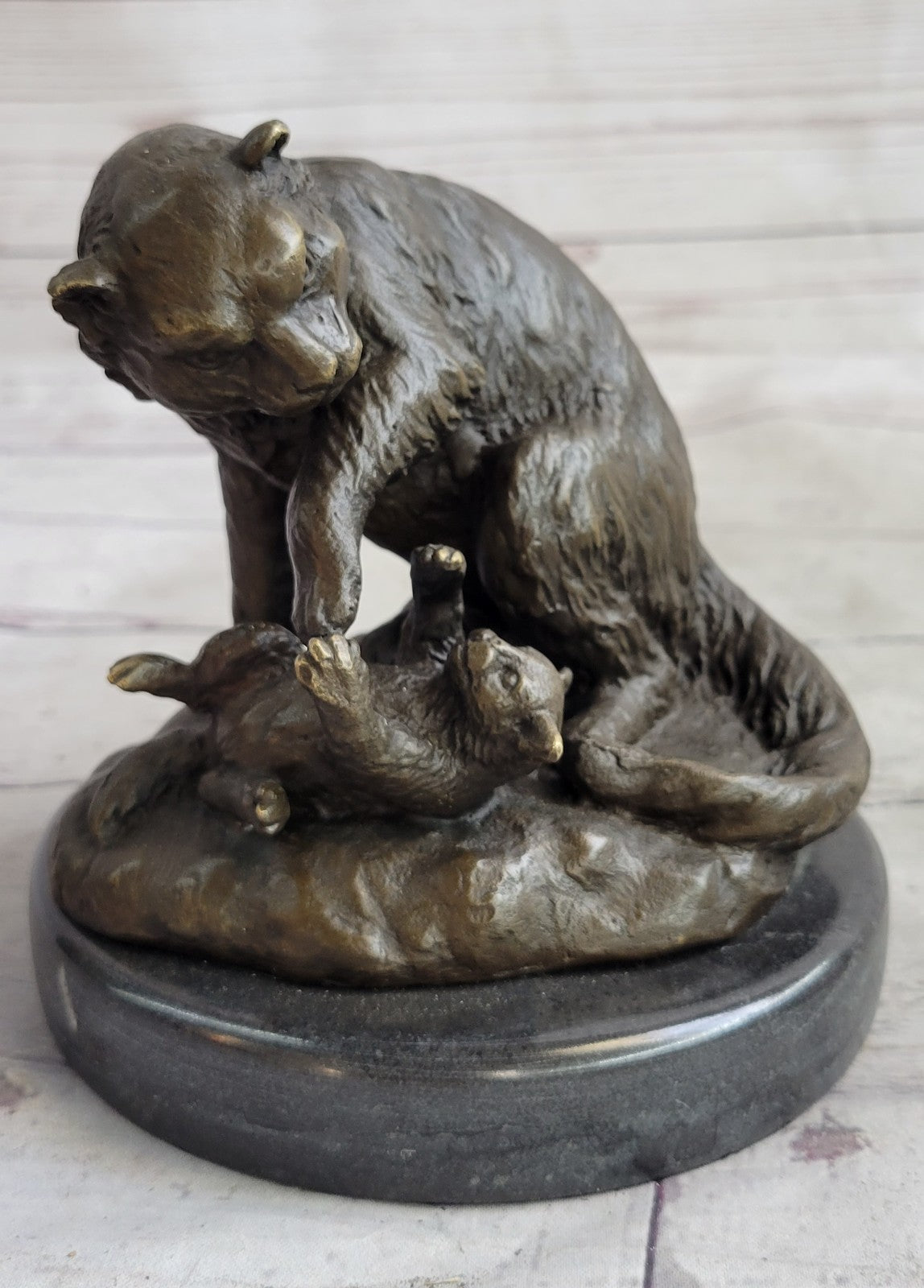 VINTAGE CAT AND BABY BRONZE STATUE HOT CAST MARBLE BASE FIGURINE FIGURE STATUE