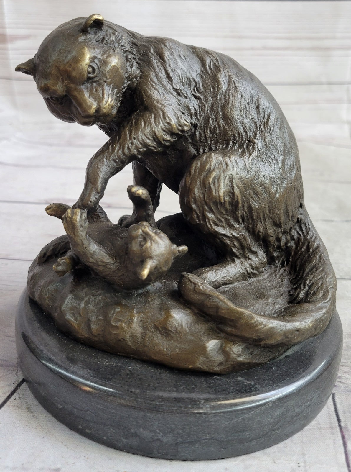 VINTAGE CAT AND BABY BRONZE STATUE HOT CAST MARBLE BASE FIGURINE FIGURE STATUE