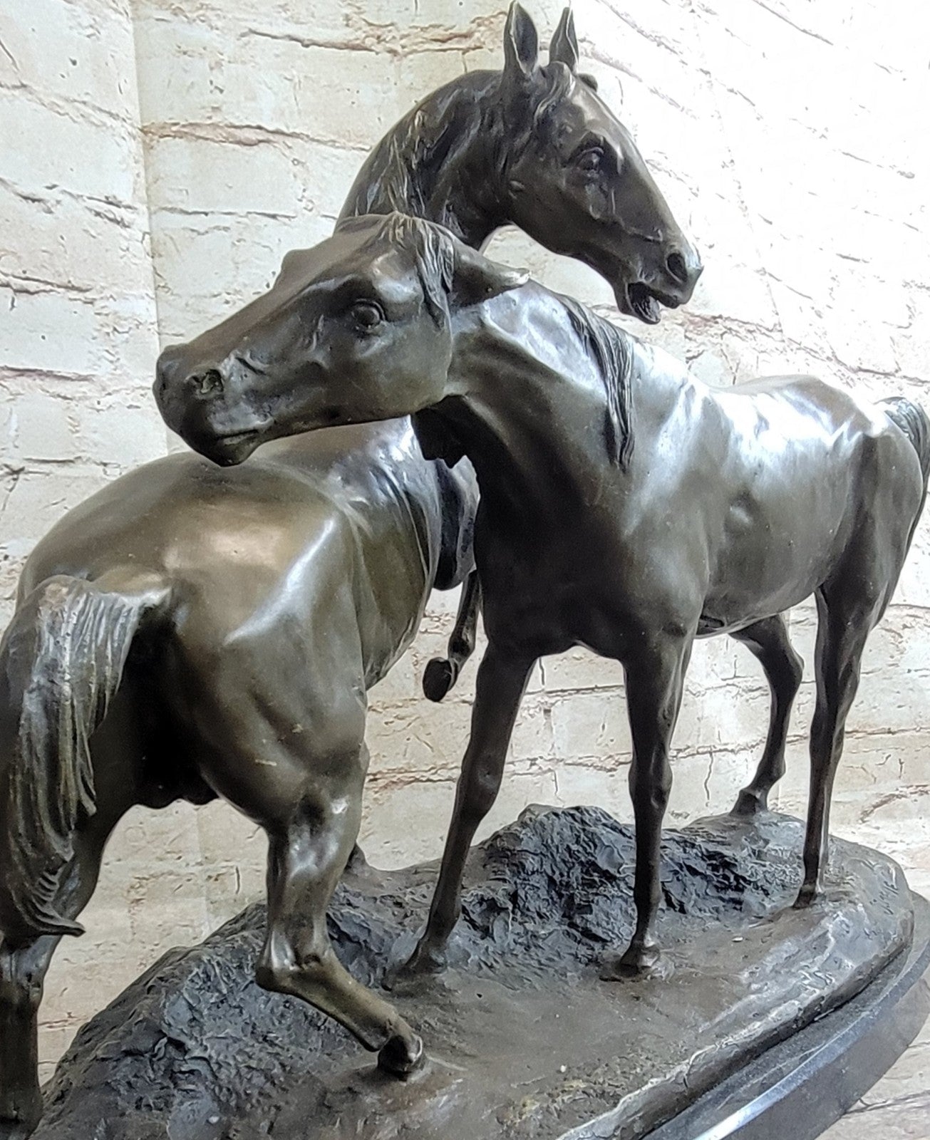 Fine Art Bronze Sculpture: Two Loving Horses by French Artist Lost Wax Method