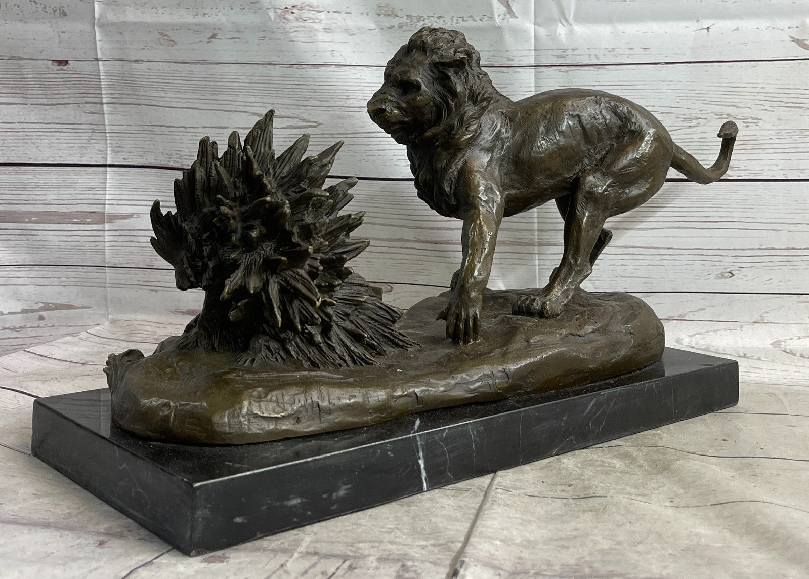 Hot Cast Bronze: Lion Attacking Porcupine Statue by Milo, Fine Art Sculpture Gift