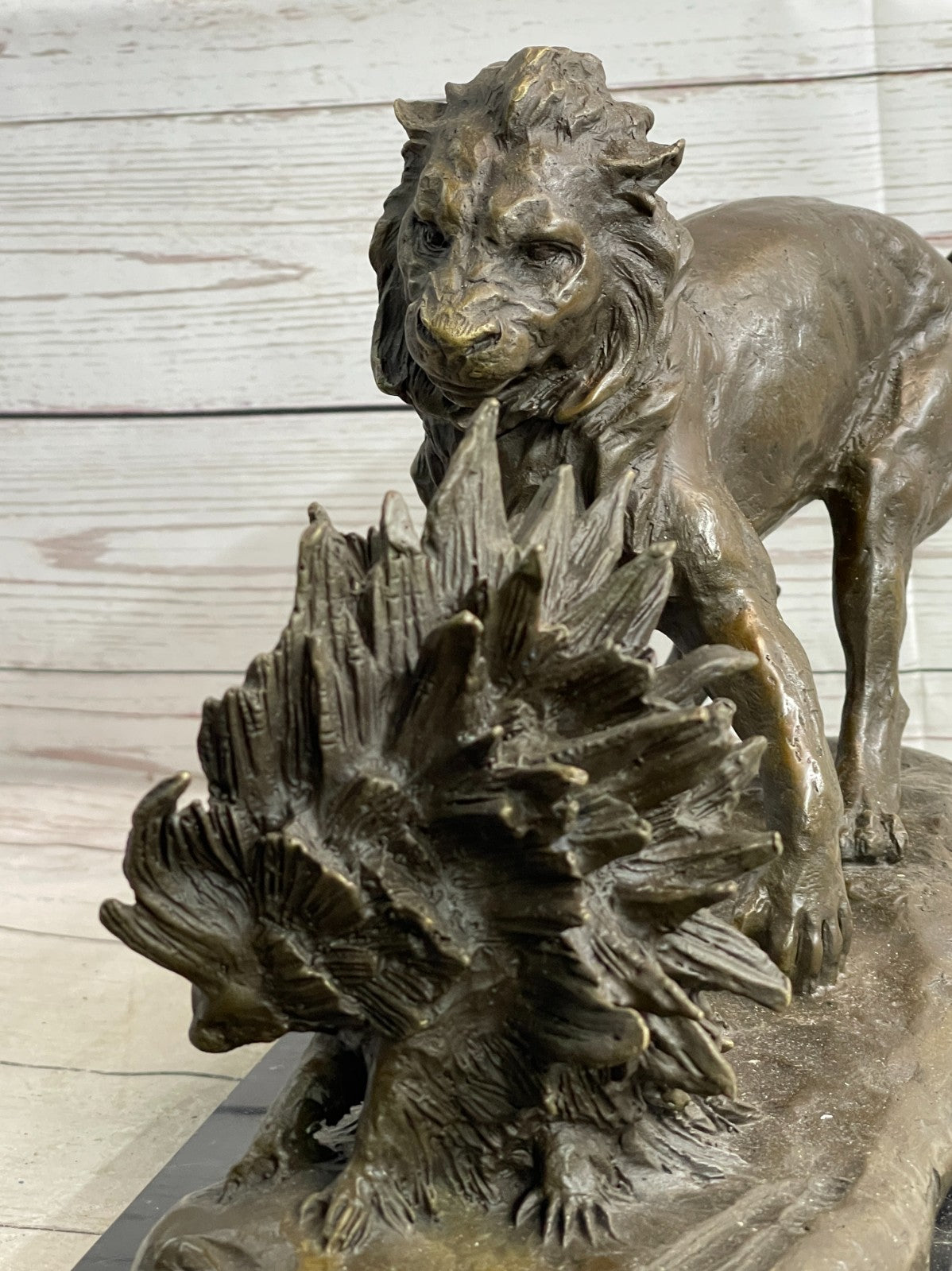 Hot Cast Bronze: Lion Attacking Porcupine Statue by Milo, Fine Art Sculpture Gift