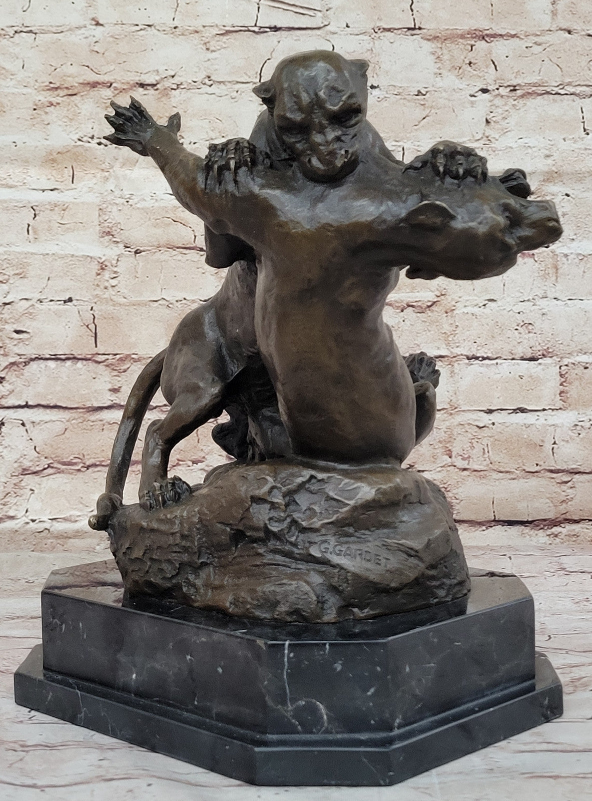 Home Office Decor: Gardet`s Signed Bronze Cougar Battle Sculpture - Heavy Art