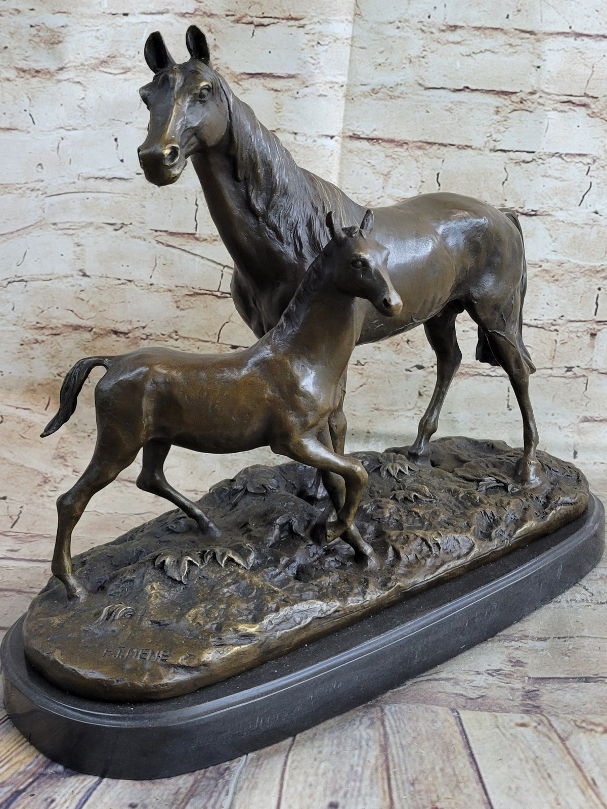 BRONZE CLASSIC TWO HORSES MARE & FOAL, SIGNED: MENE LOST WAX METHOD STATUE