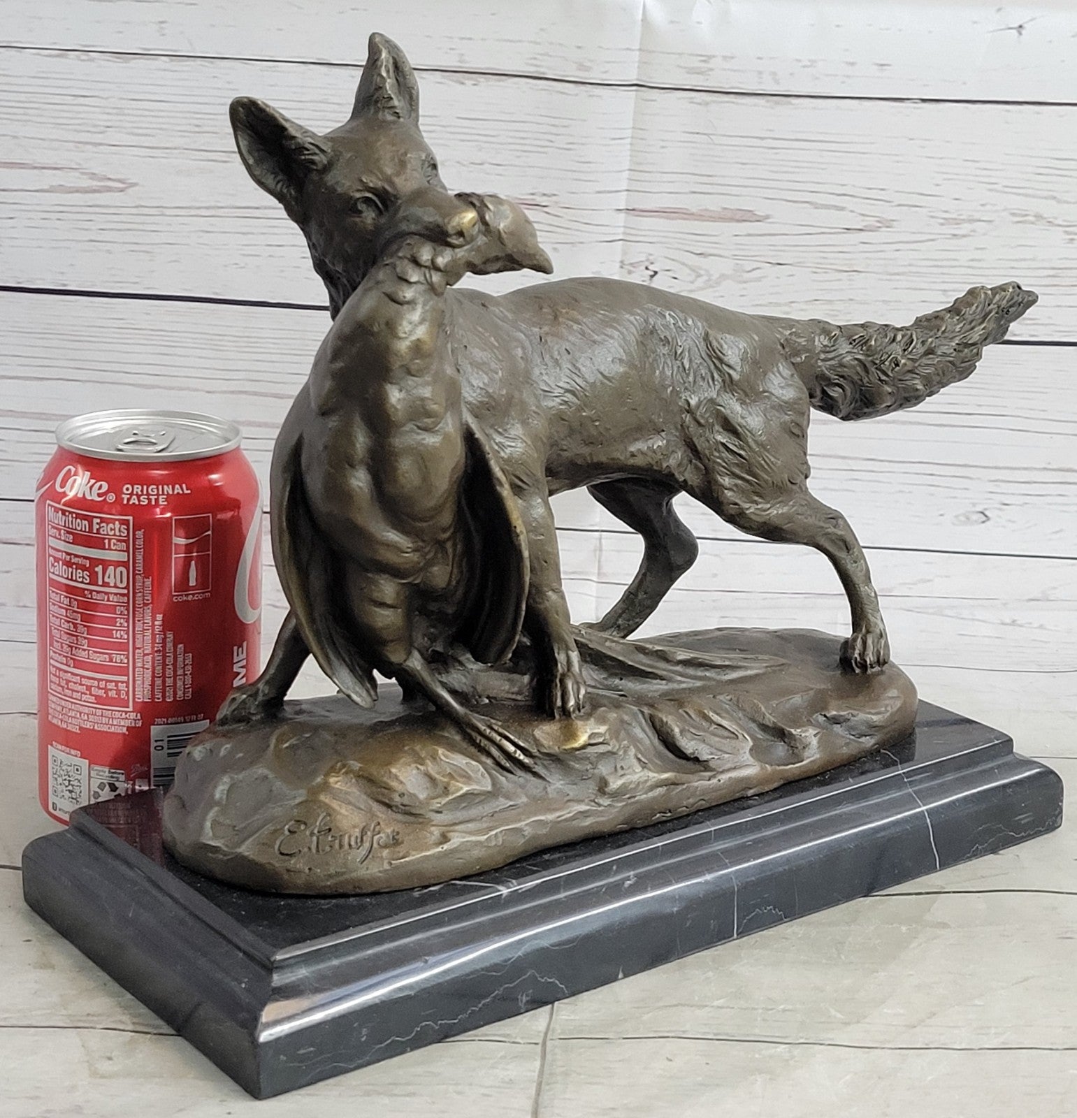 Art Deco Hand Made Hunting Dog with Bird on Marble Base Bronze Statue Figure