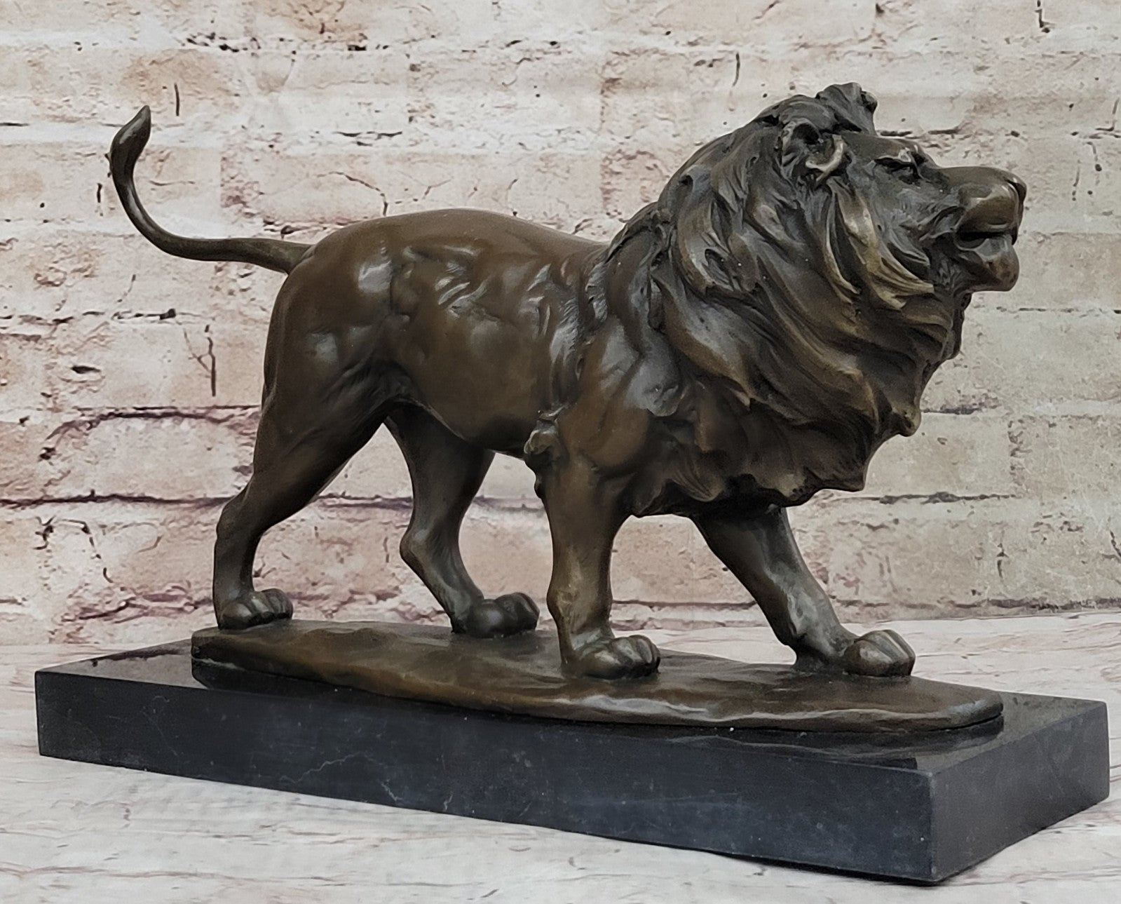 15" Art Deco Sculpture Animal Male Lion Marble Base Bronze Statue