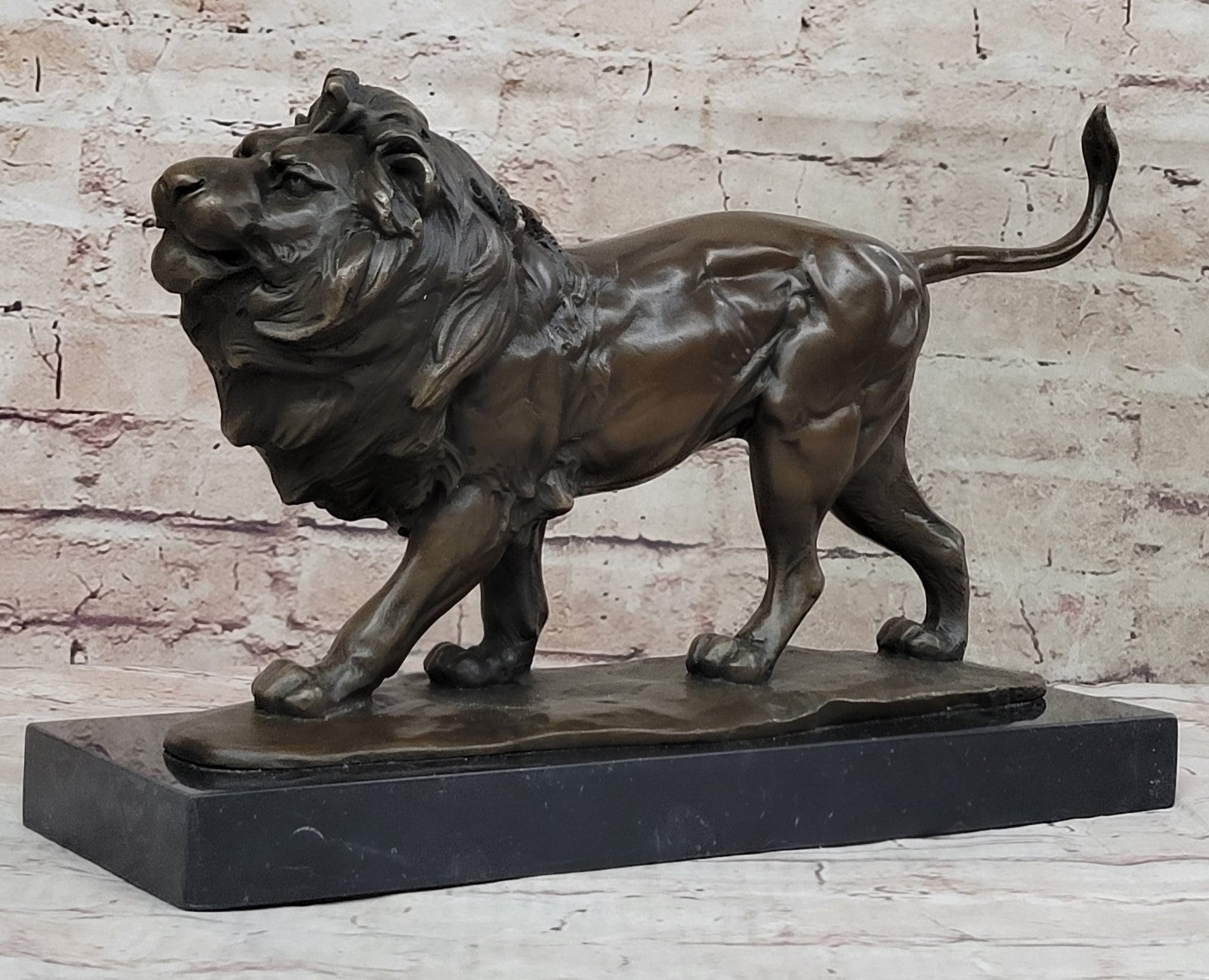 15" Art Deco Sculpture Animal Male Lion Marble Base Bronze Statue