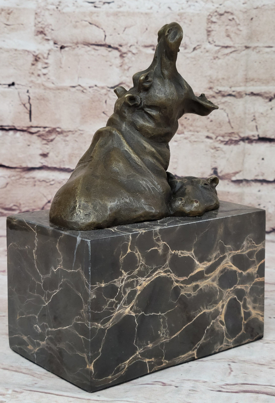Animal Statue - Happy Hippo - Bronze / Marble Sleeping Hippopotamus