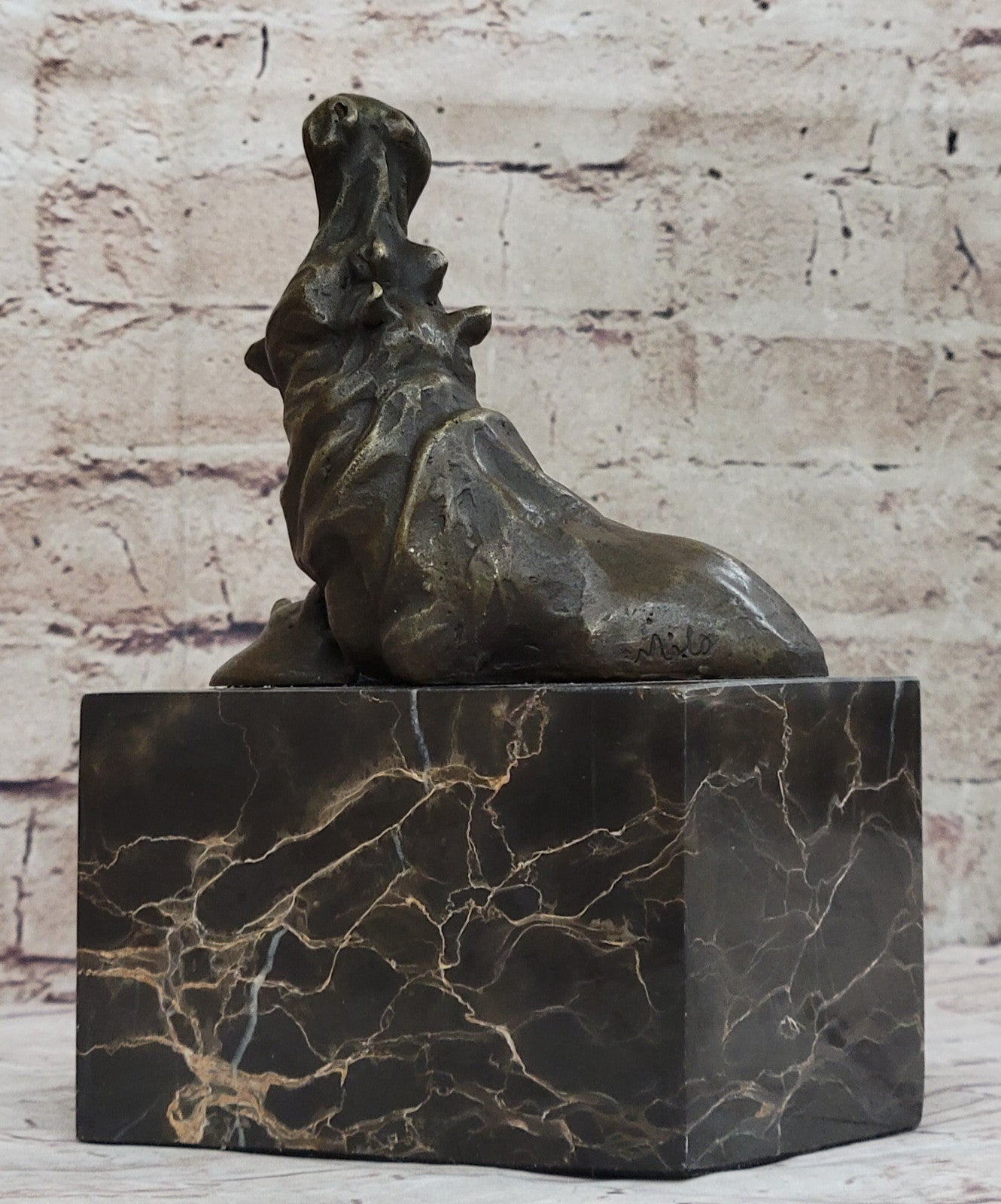Animal Statue - Happy Hippo - Bronze / Marble Sleeping Hippopotamus