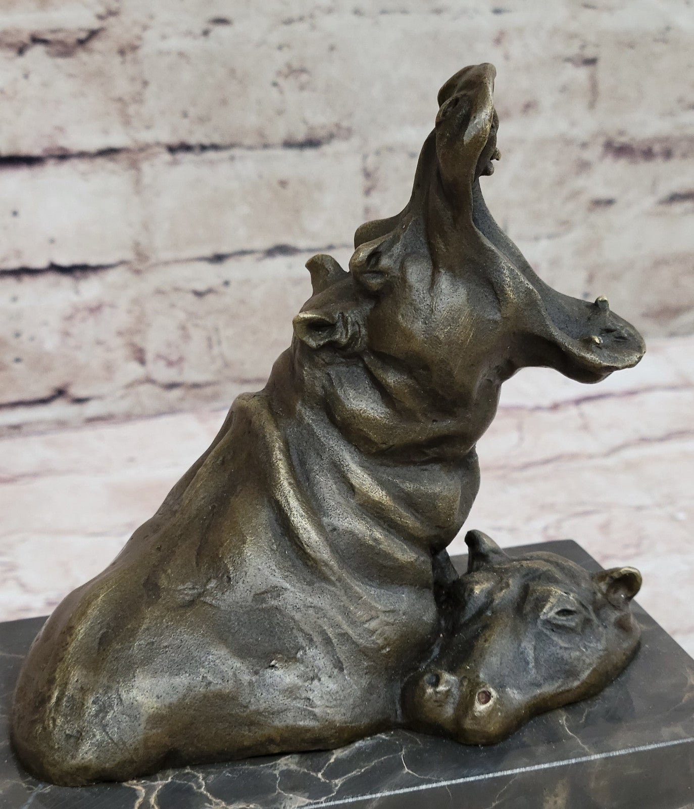 Animal Statue - Happy Hippo - Bronze / Marble Sleeping Hippopotamus