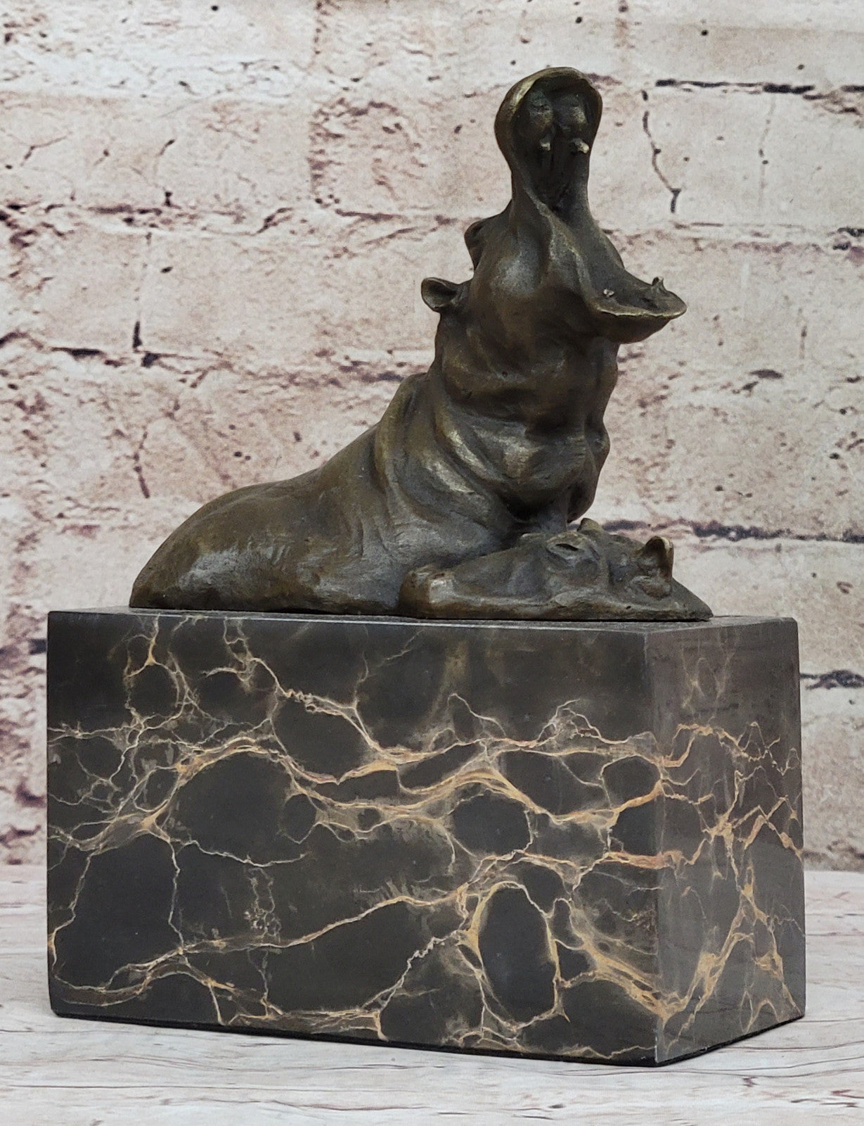 Animal Statue - Happy Hippo - Bronze / Marble Sleeping Hippopotamus